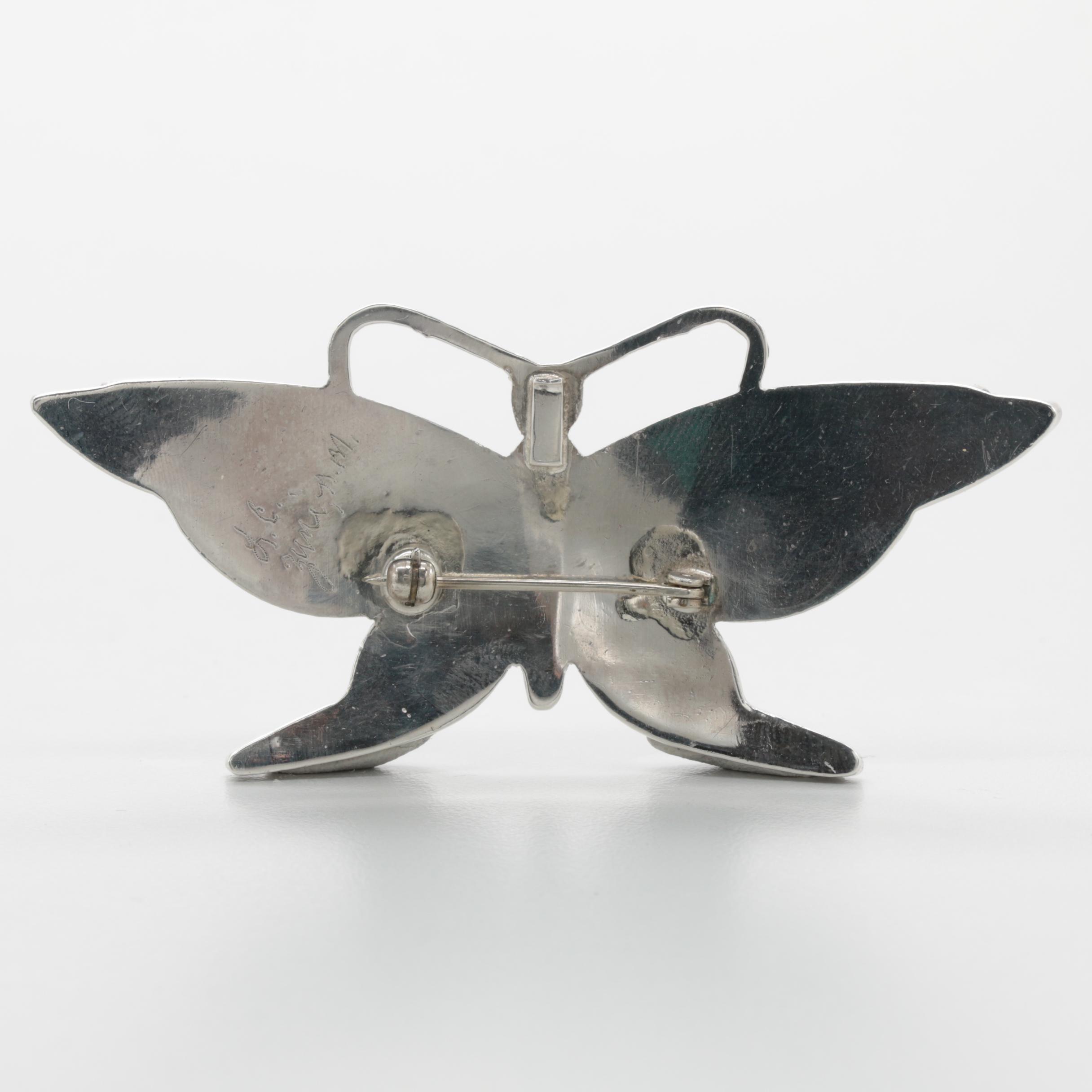 Sterling Silver Signed Turquoise, Coral, and Black Onyx Inlay Butterfly Brooch