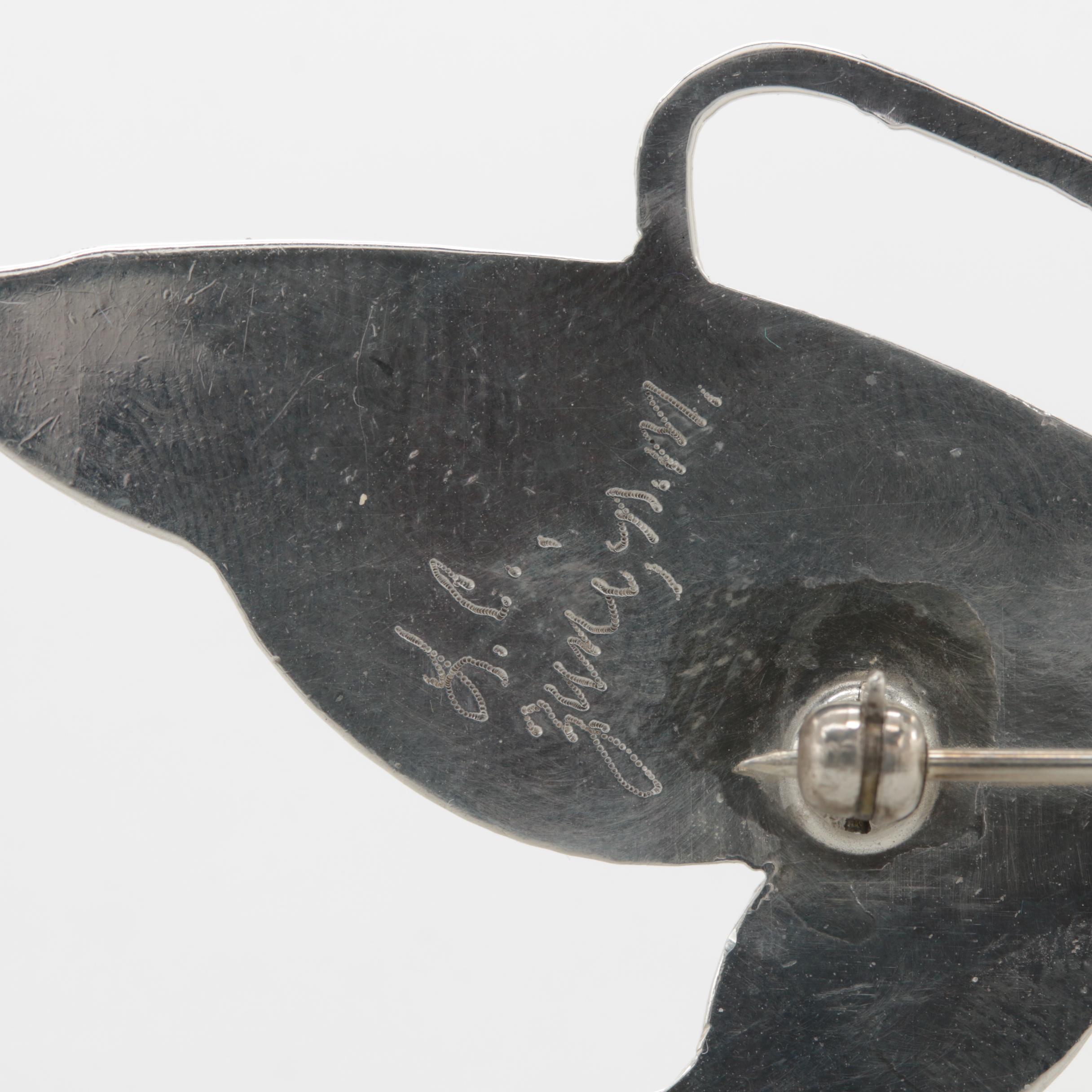 Sterling Silver Signed Turquoise, Coral, and Black Onyx Inlay Butterfly Brooch