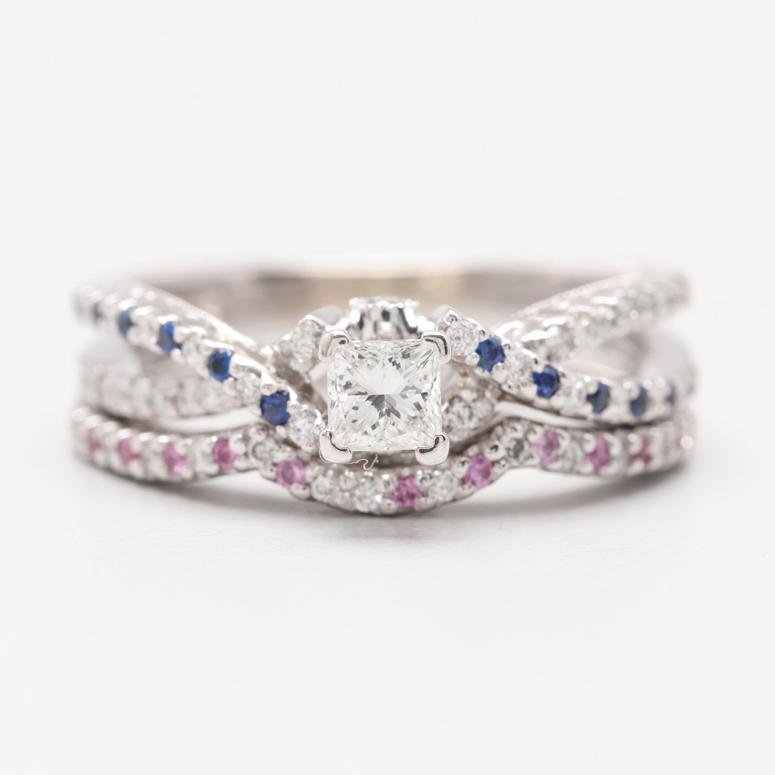14K White Gold 0.55 CTW Diamond and Sapphire Bridal Ring Set