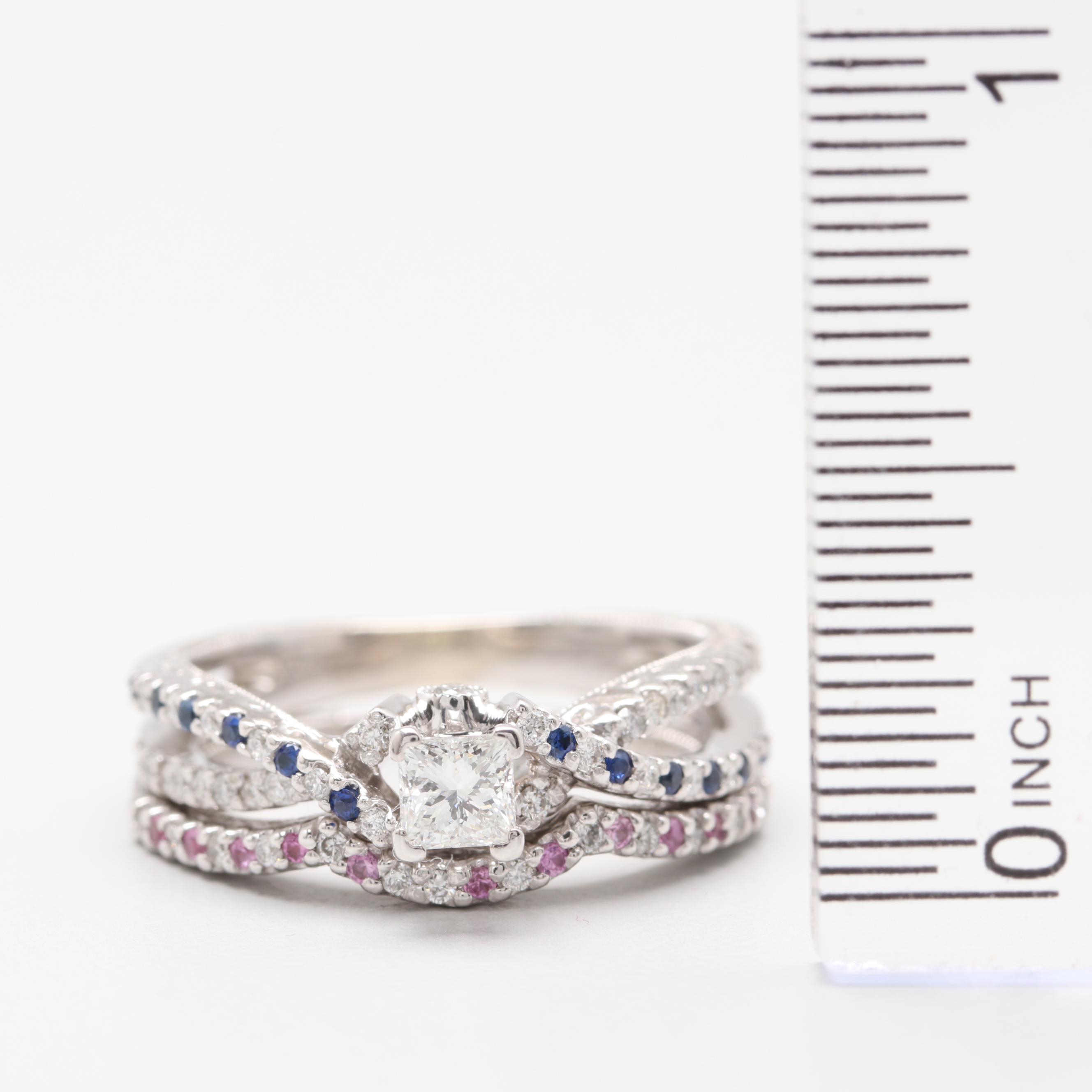 14K White Gold 0.55 CTW Diamond and Sapphire Bridal Ring Set