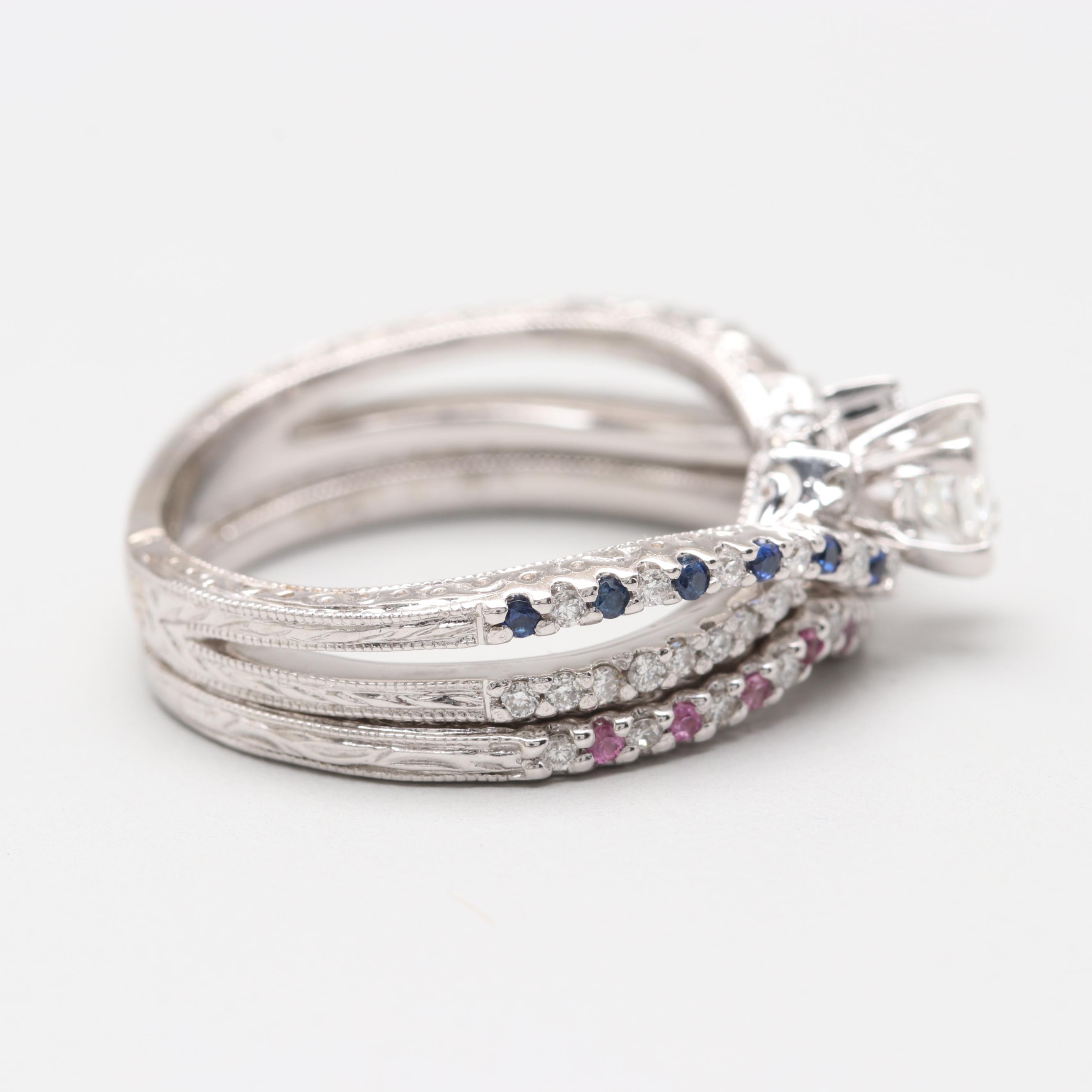 14K White Gold 0.55 CTW Diamond and Sapphire Bridal Ring Set