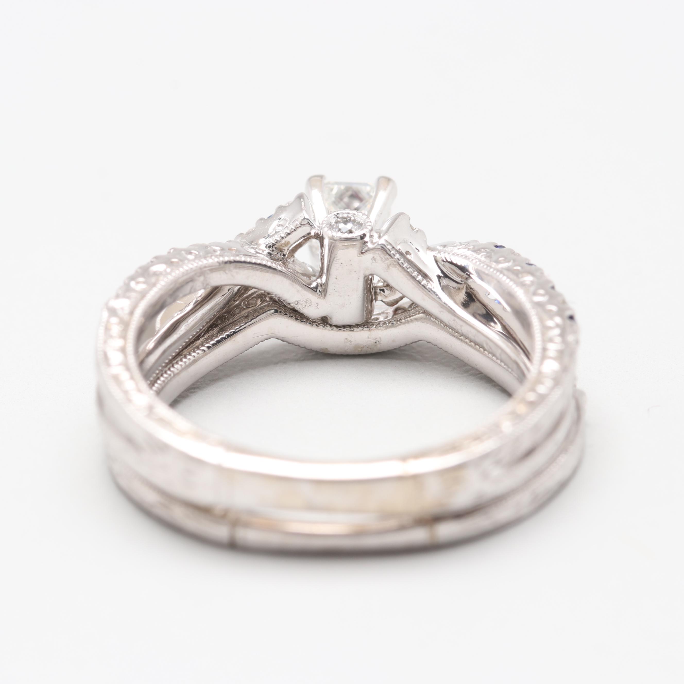 14K White Gold 0.55 CTW Diamond and Sapphire Bridal Ring Set