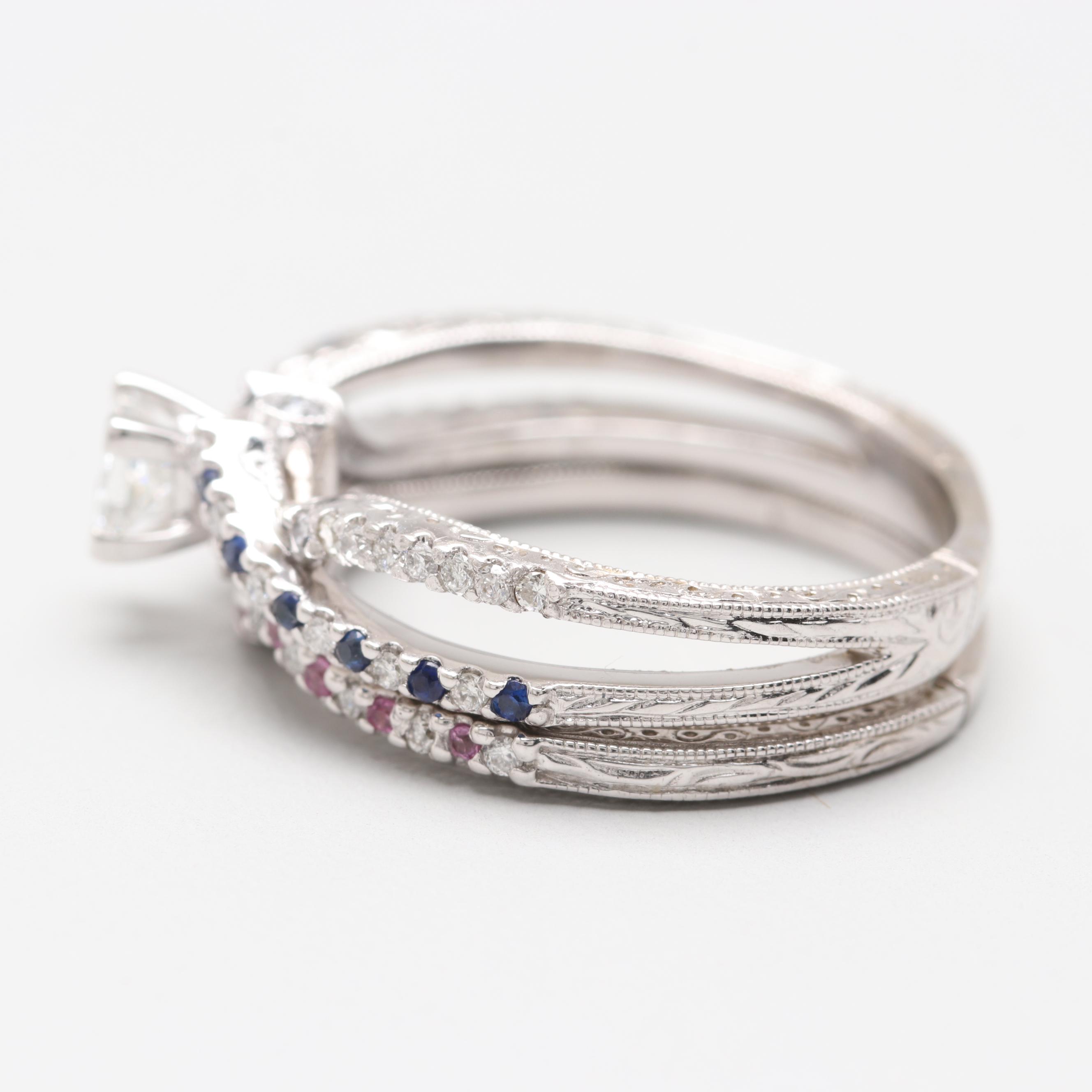 14K White Gold 0.55 CTW Diamond and Sapphire Bridal Ring Set