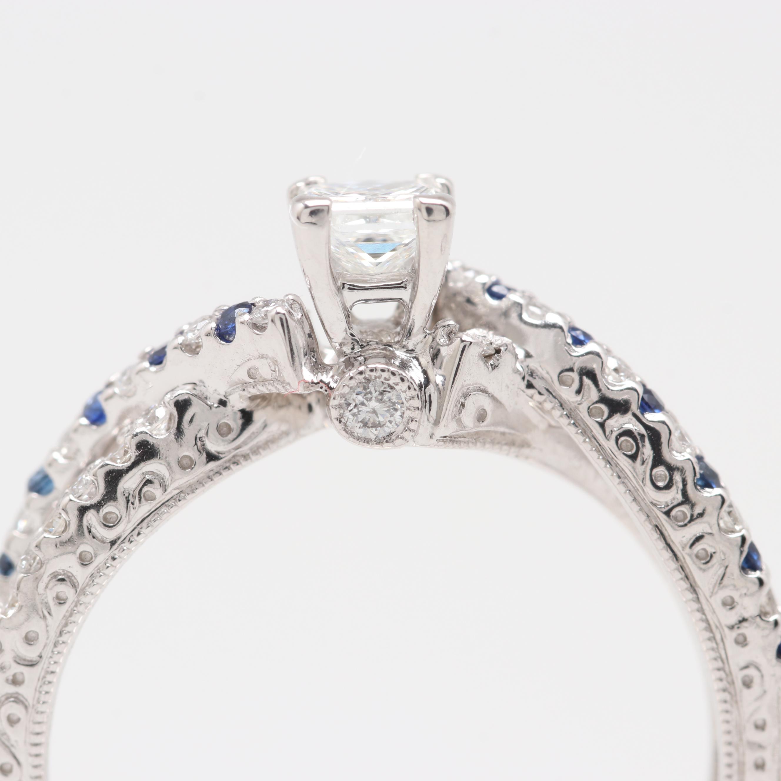 14K White Gold 0.55 CTW Diamond and Sapphire Bridal Ring Set