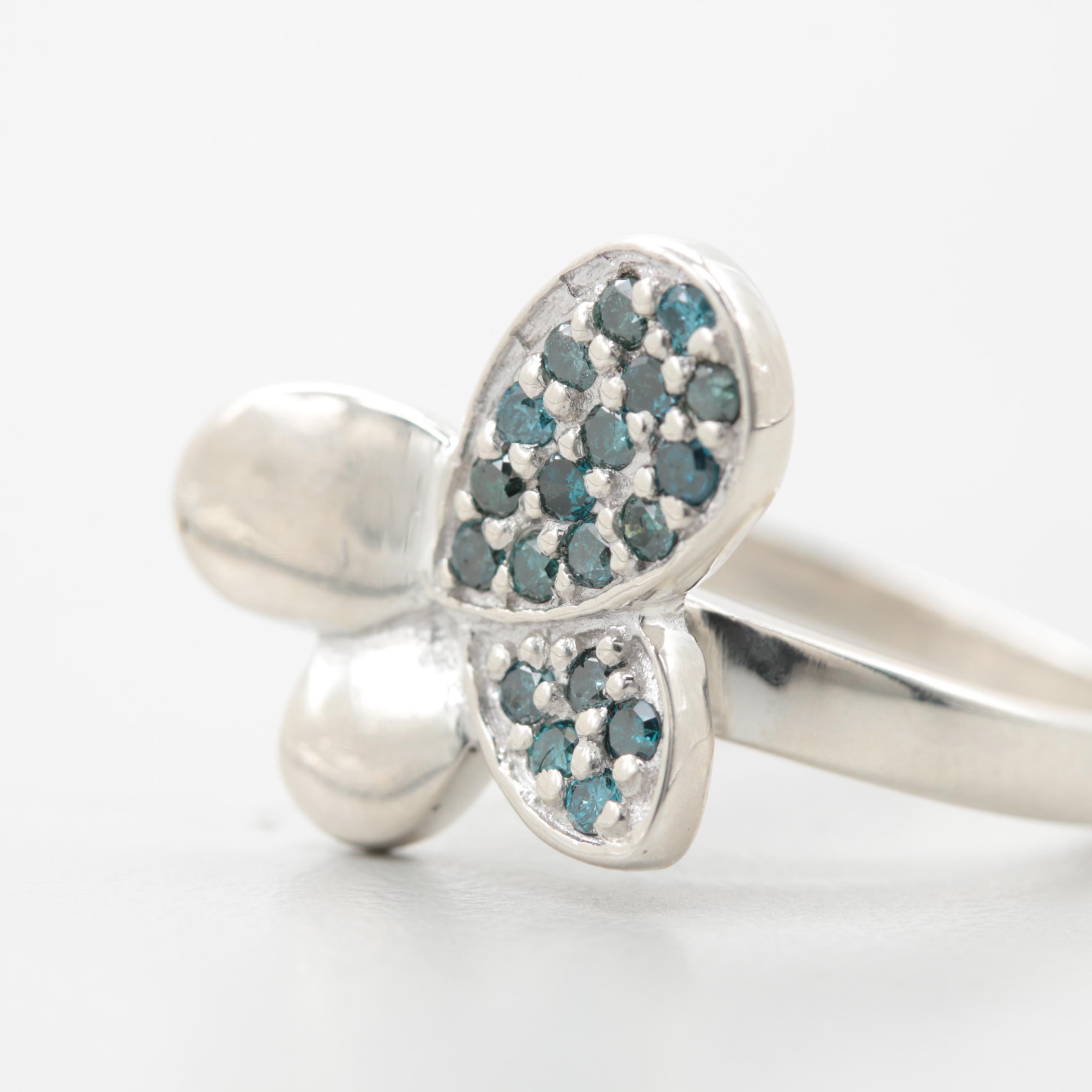 Sterling Silver Blue Diamond Abstract Butterfly Ring