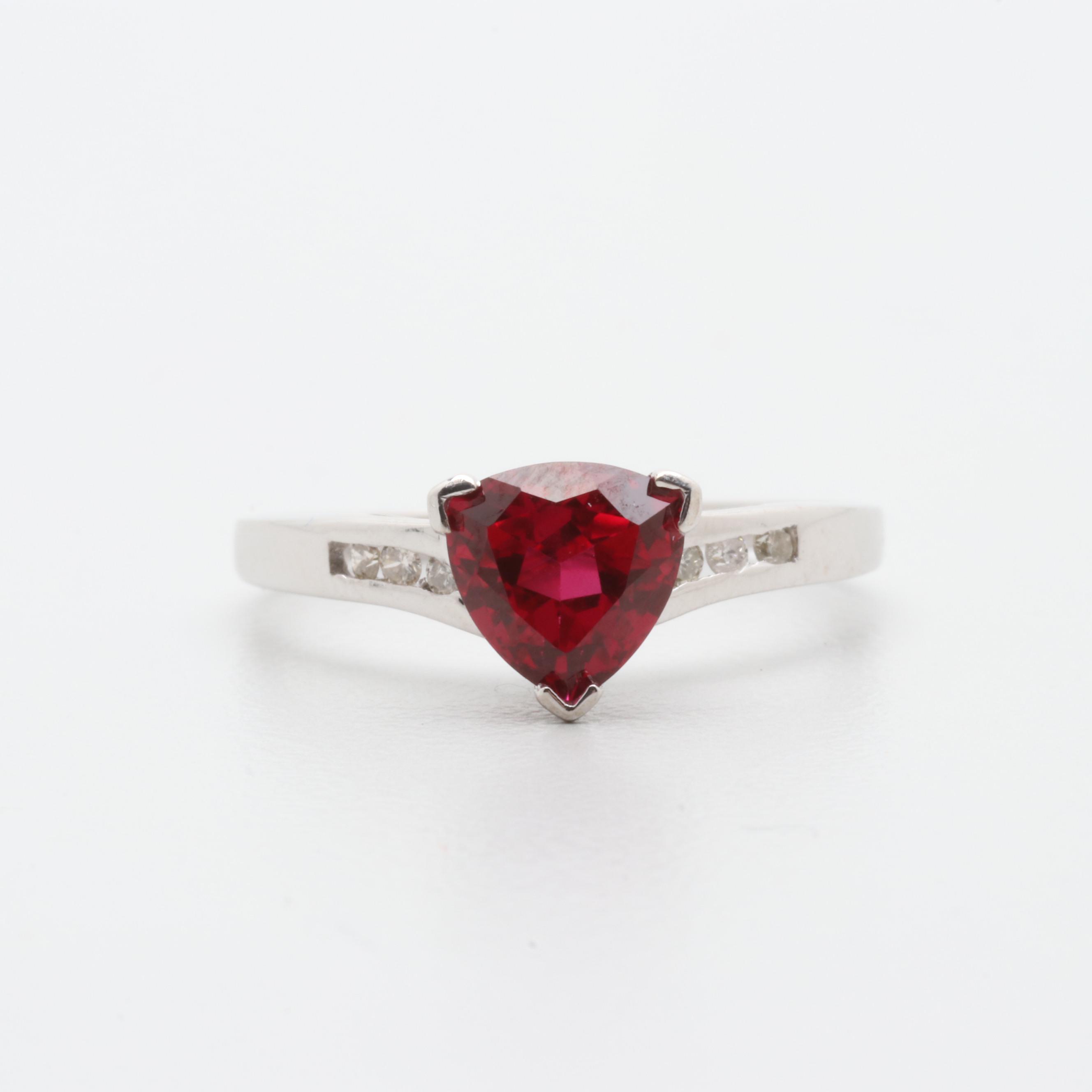 14K White Gold Synthetic Ruby and Diamond Ring