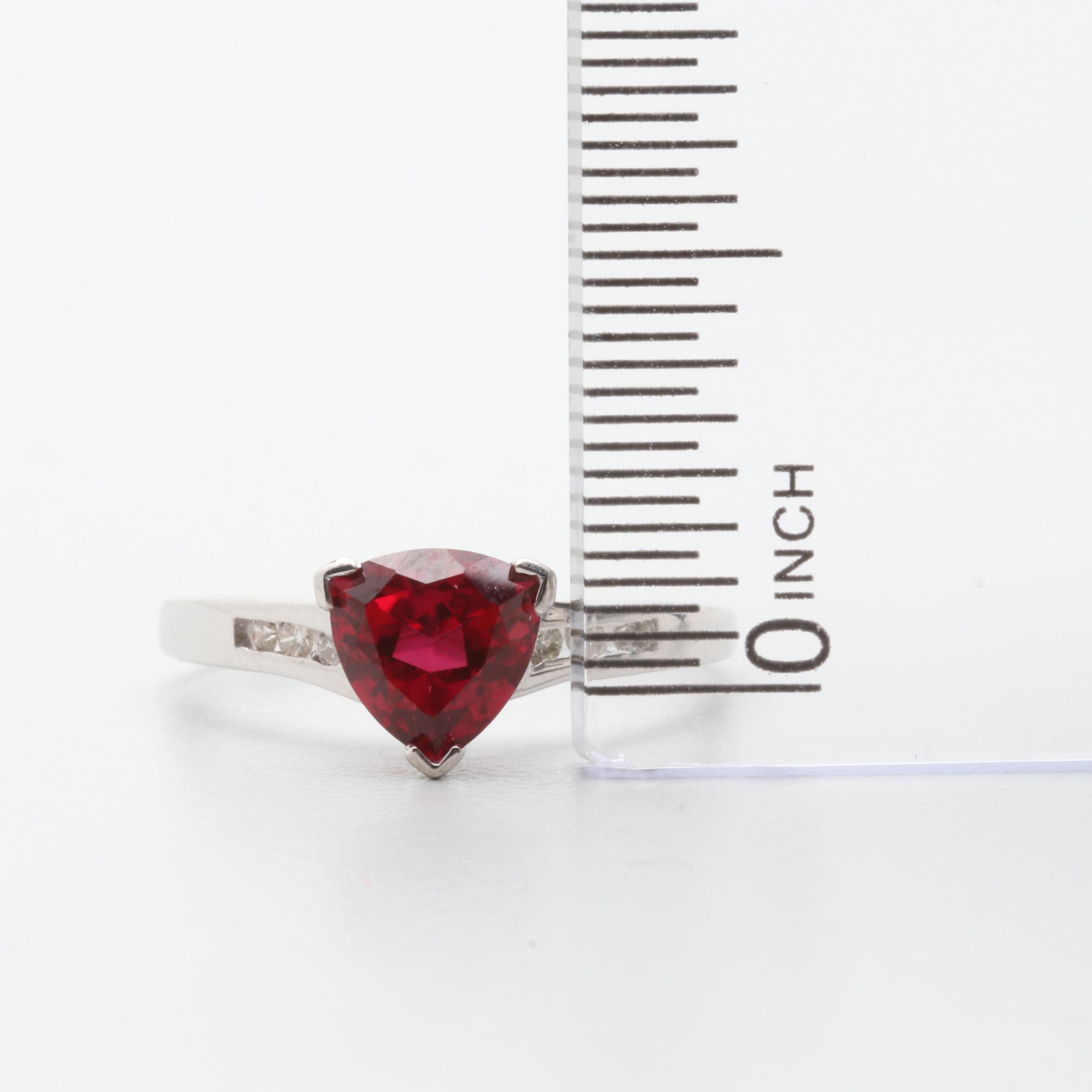 14K White Gold Synthetic Ruby and Diamond Ring