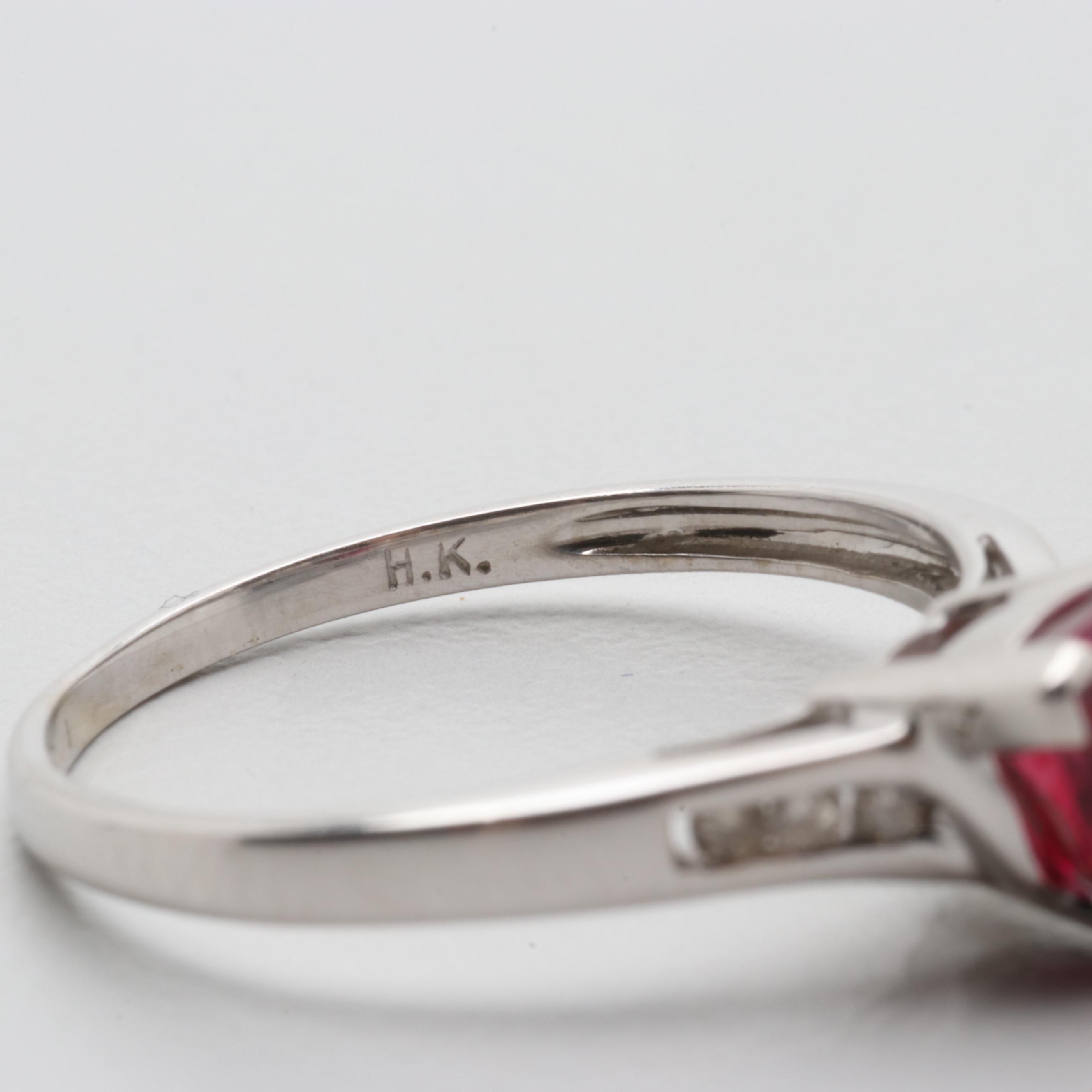 14K White Gold Synthetic Ruby and Diamond Ring