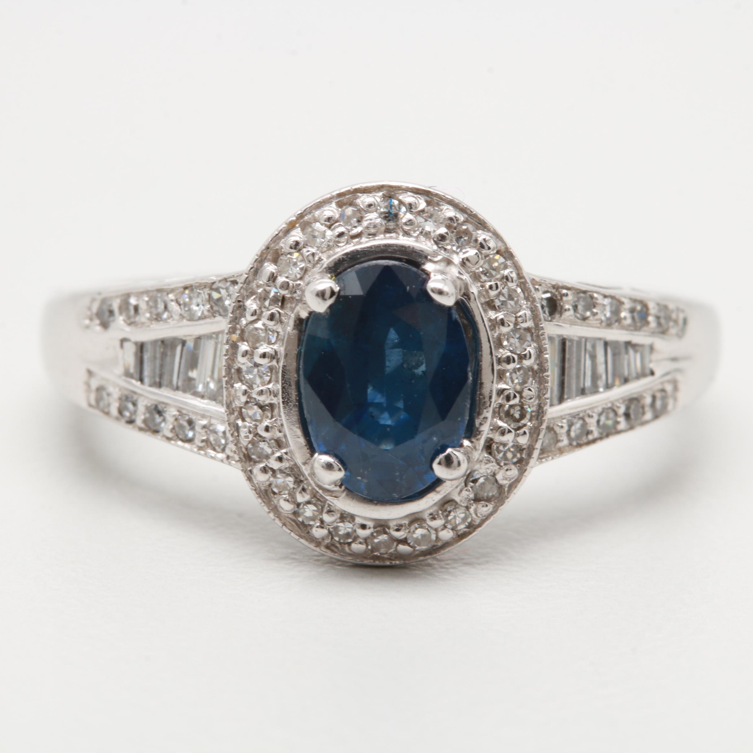 14K White Gold Blue Sapphire and Diamond Ring