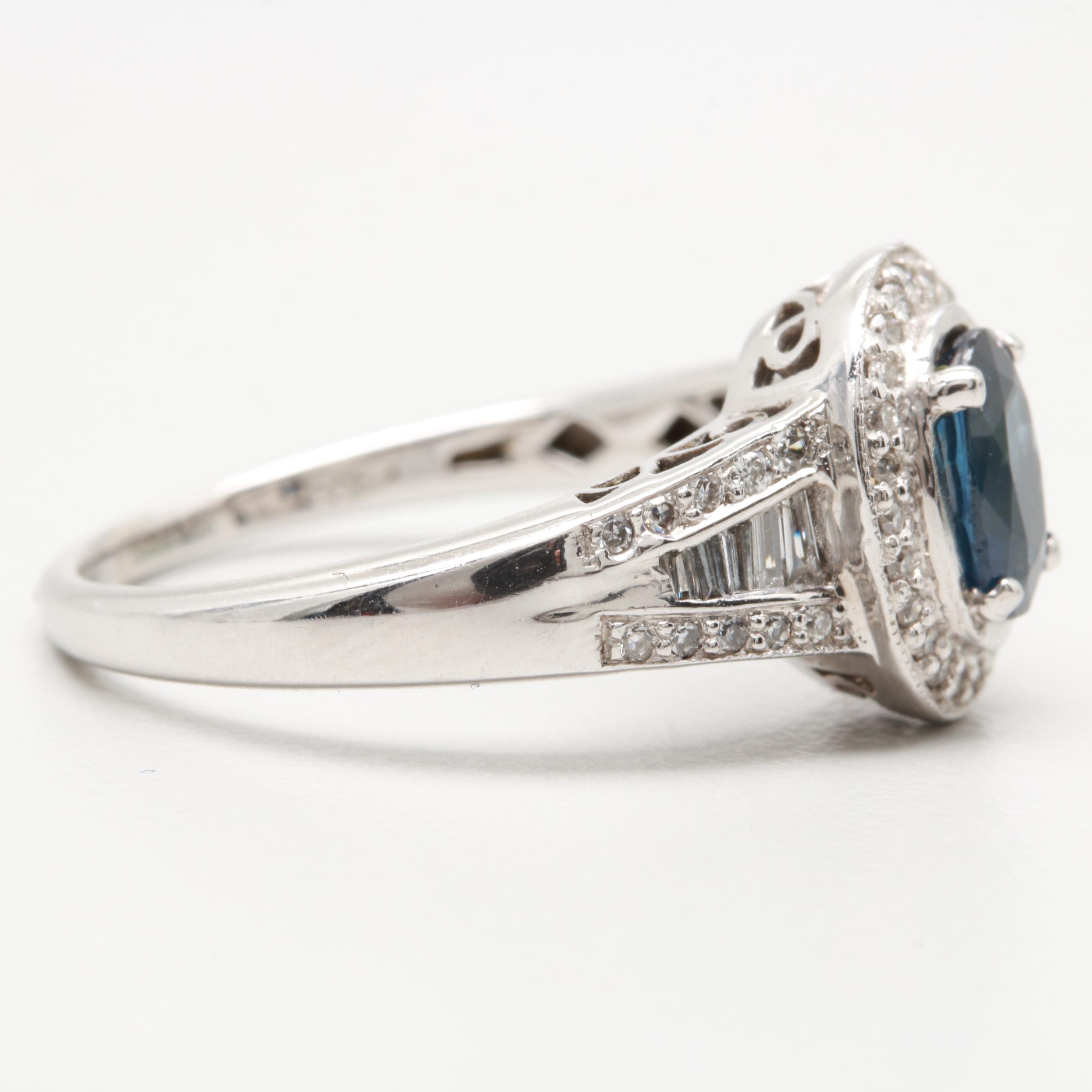 14K White Gold Blue Sapphire and Diamond Ring