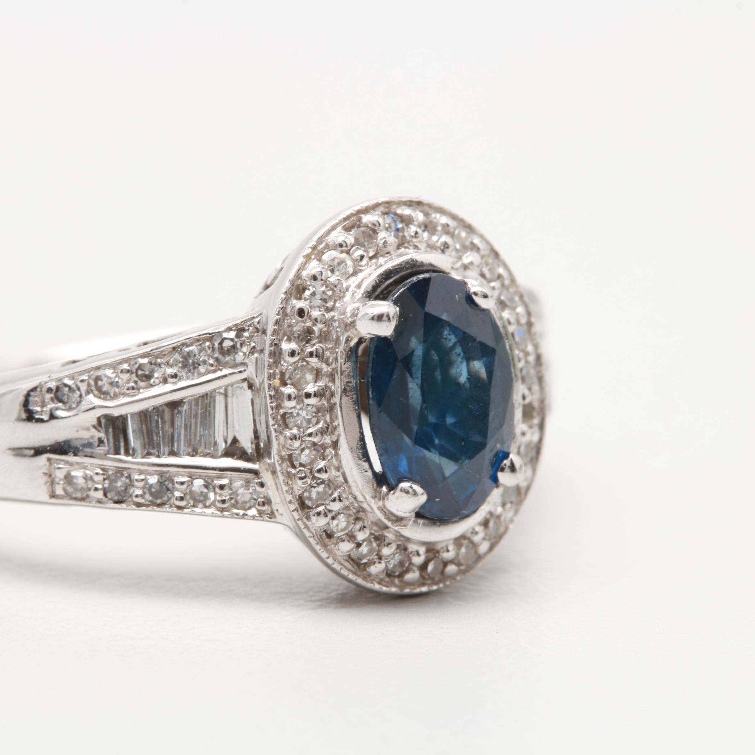 14K White Gold Blue Sapphire and Diamond Ring