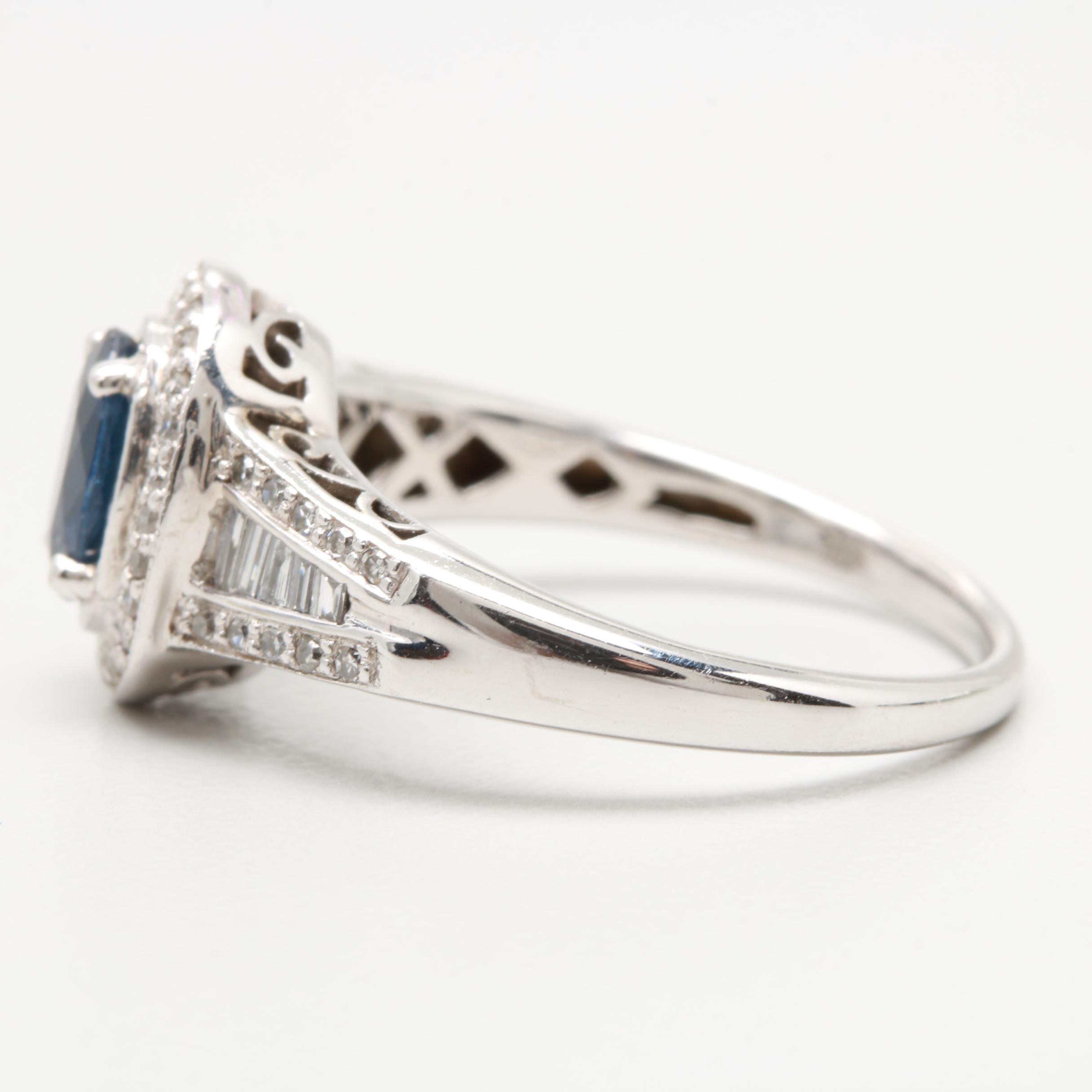 14K White Gold Blue Sapphire and Diamond Ring