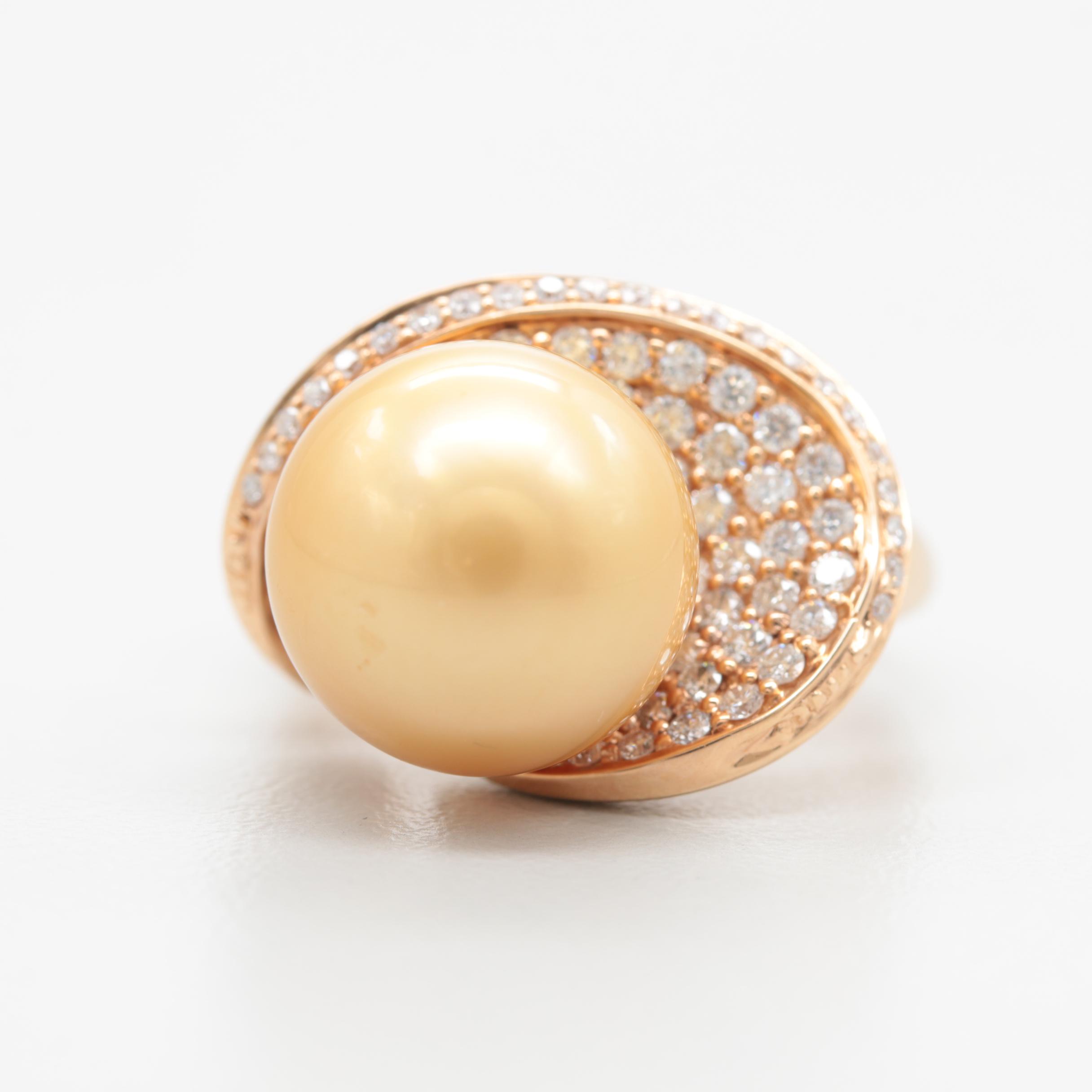 18K Yellow Gold Cultured Pearl and Diamond Ring