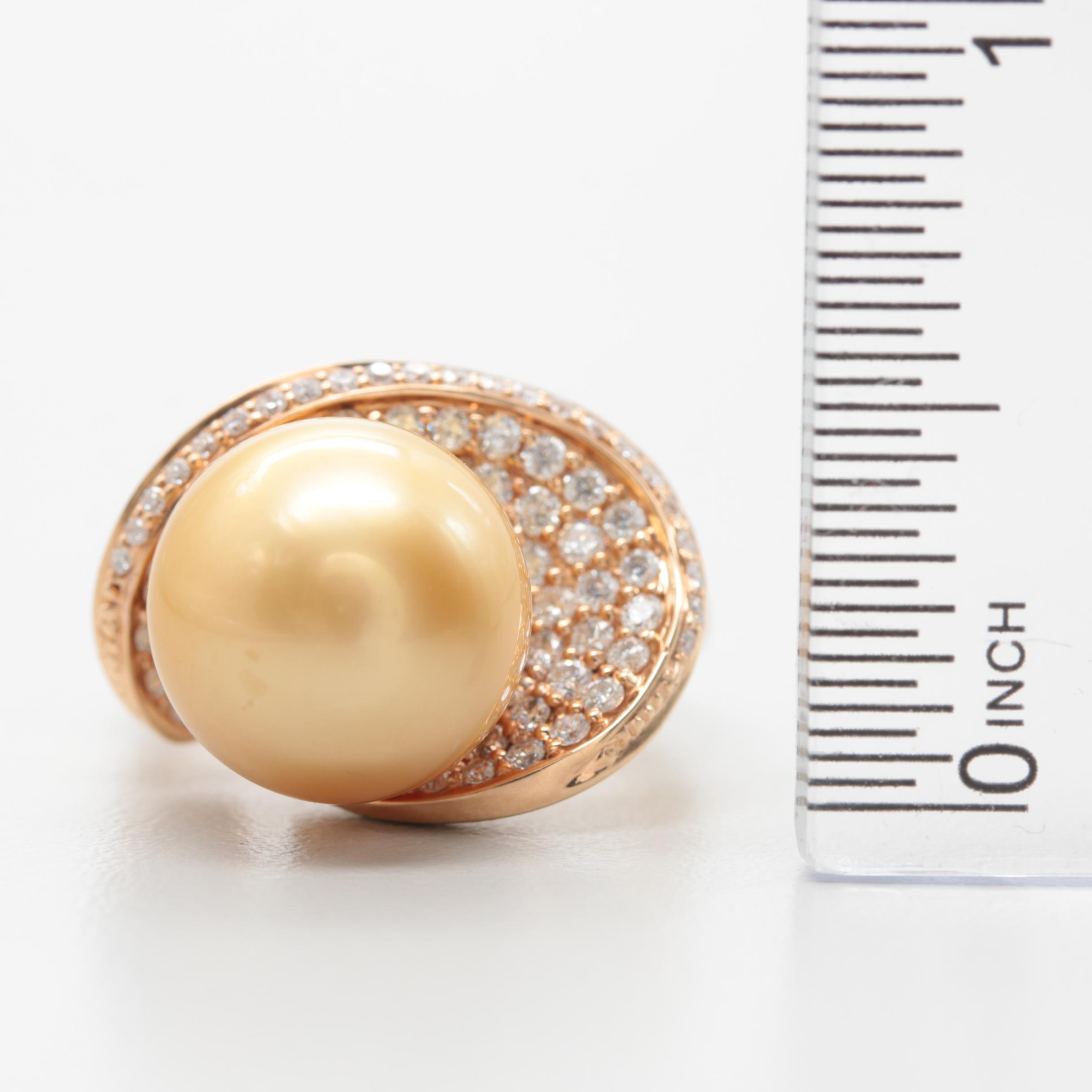 18K Yellow Gold Cultured Pearl and Diamond Ring