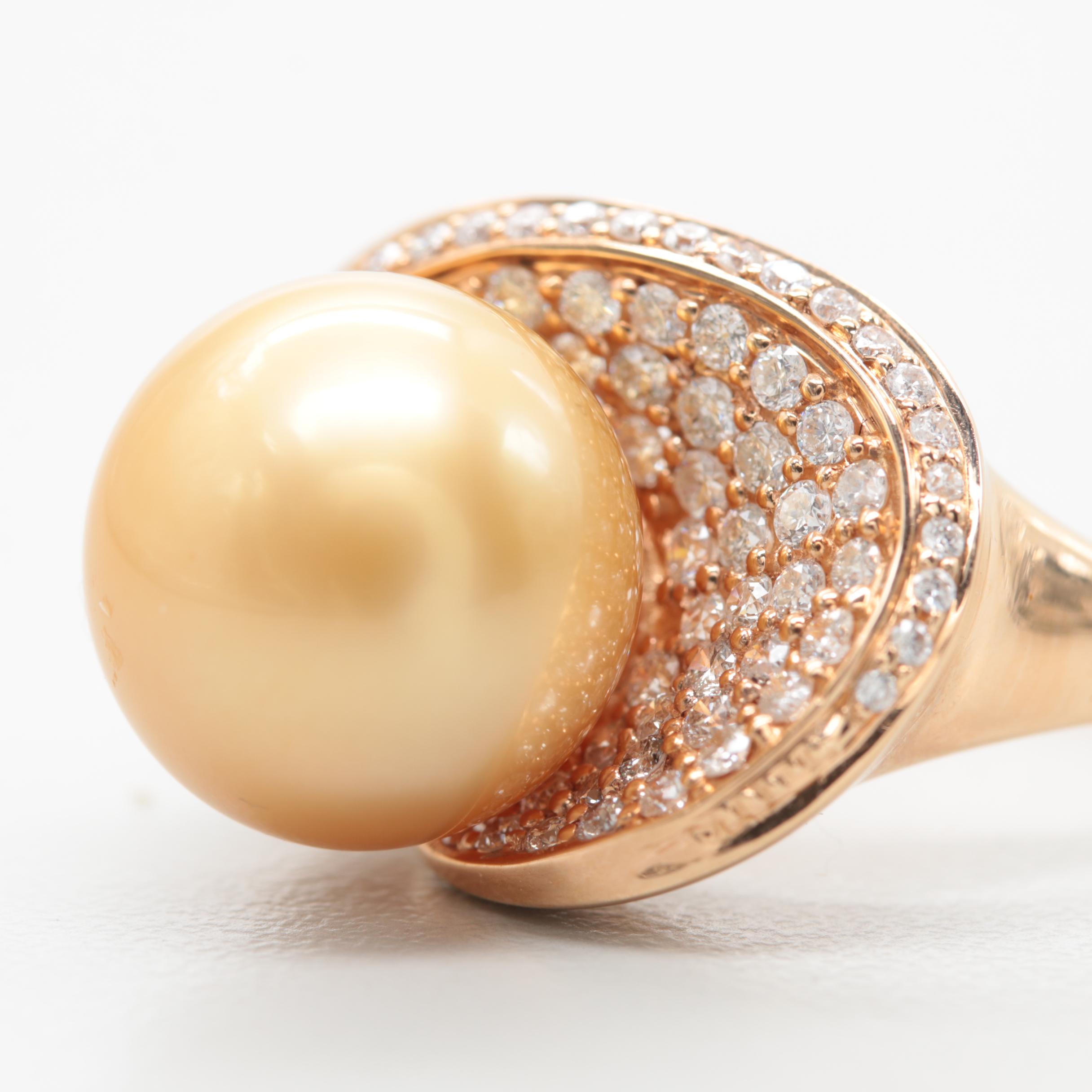 18K Yellow Gold Cultured Pearl and Diamond Ring