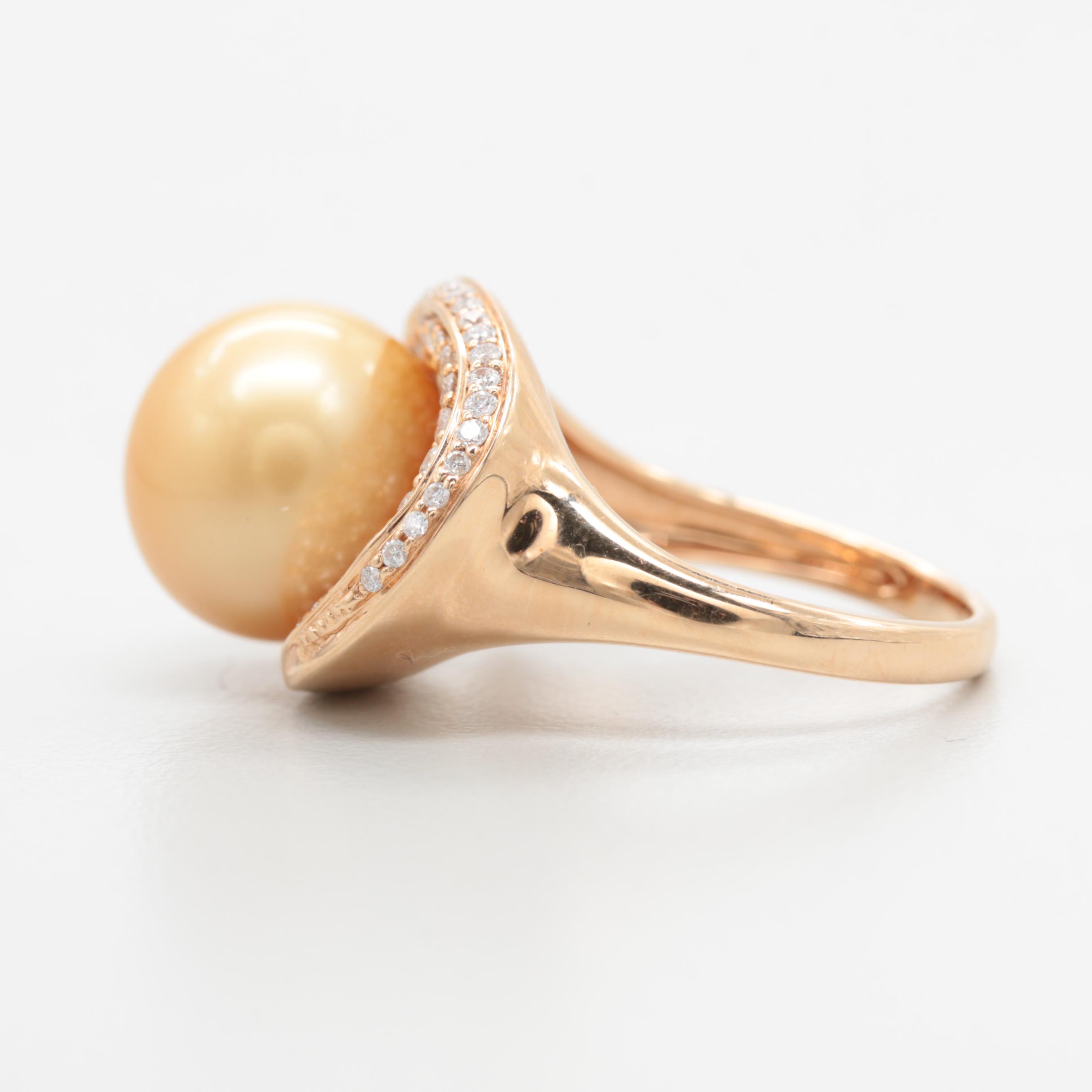 18K Yellow Gold Cultured Pearl and Diamond Ring