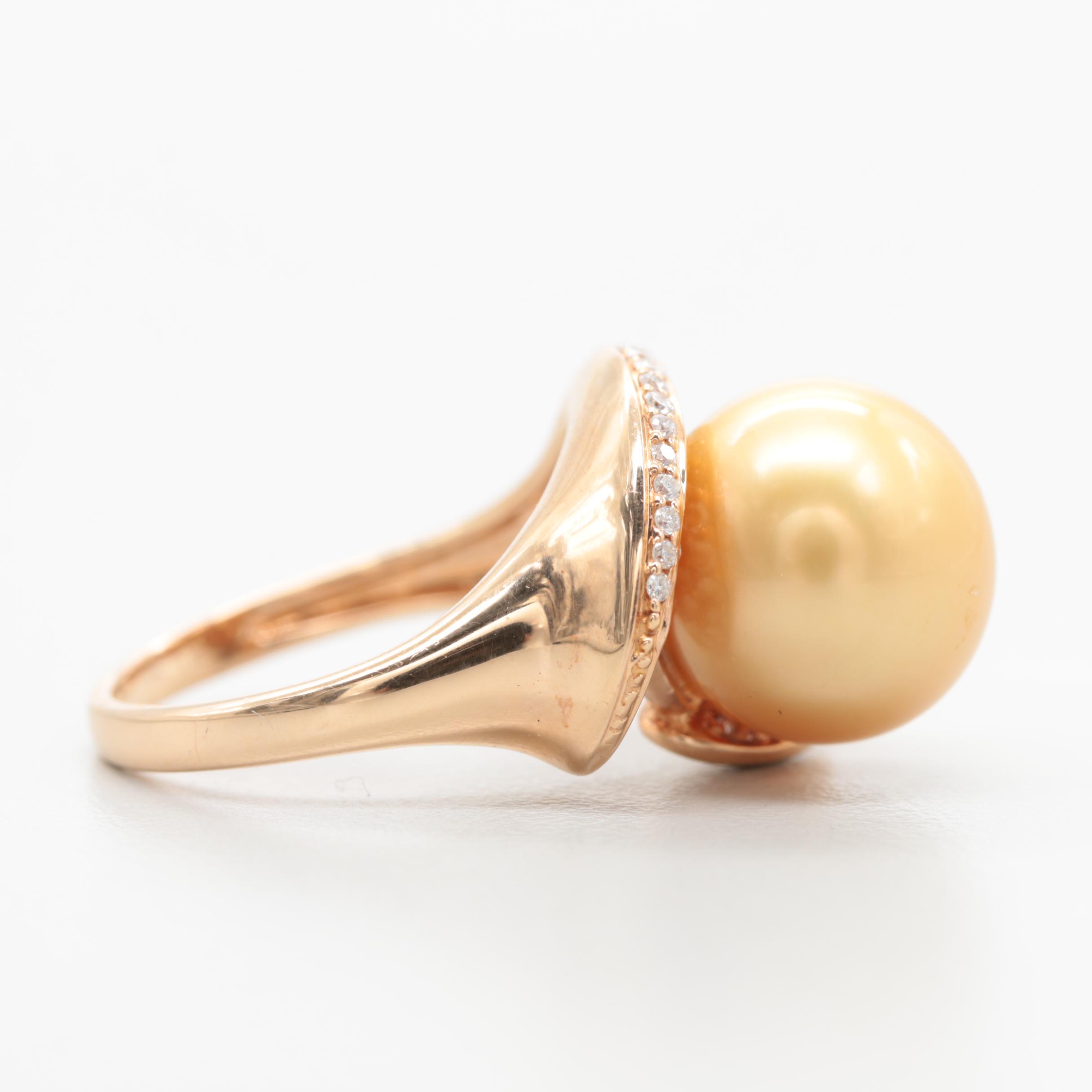 18K Yellow Gold Cultured Pearl and Diamond Ring