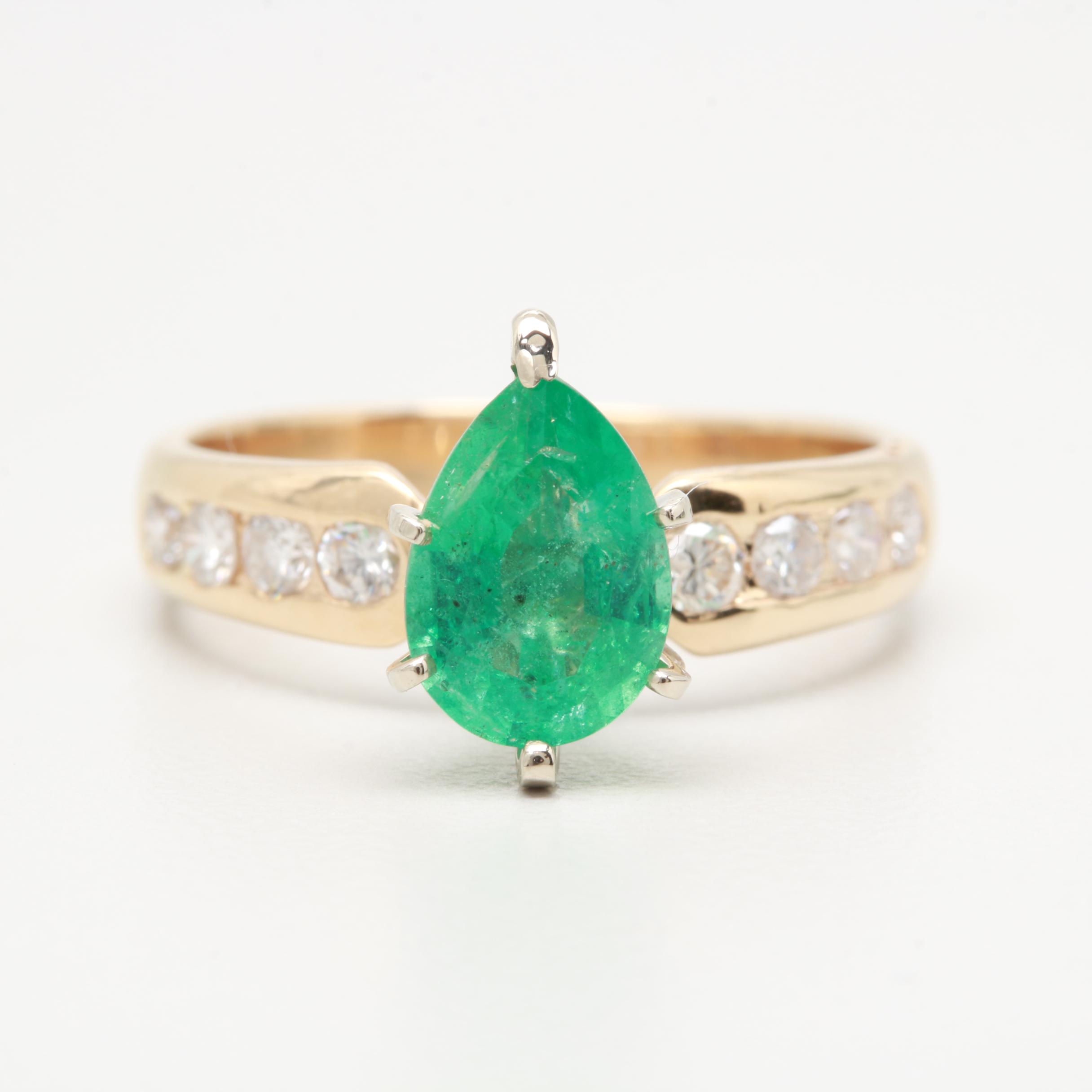 14K Yellow Gold Emerald and Diamond Ring