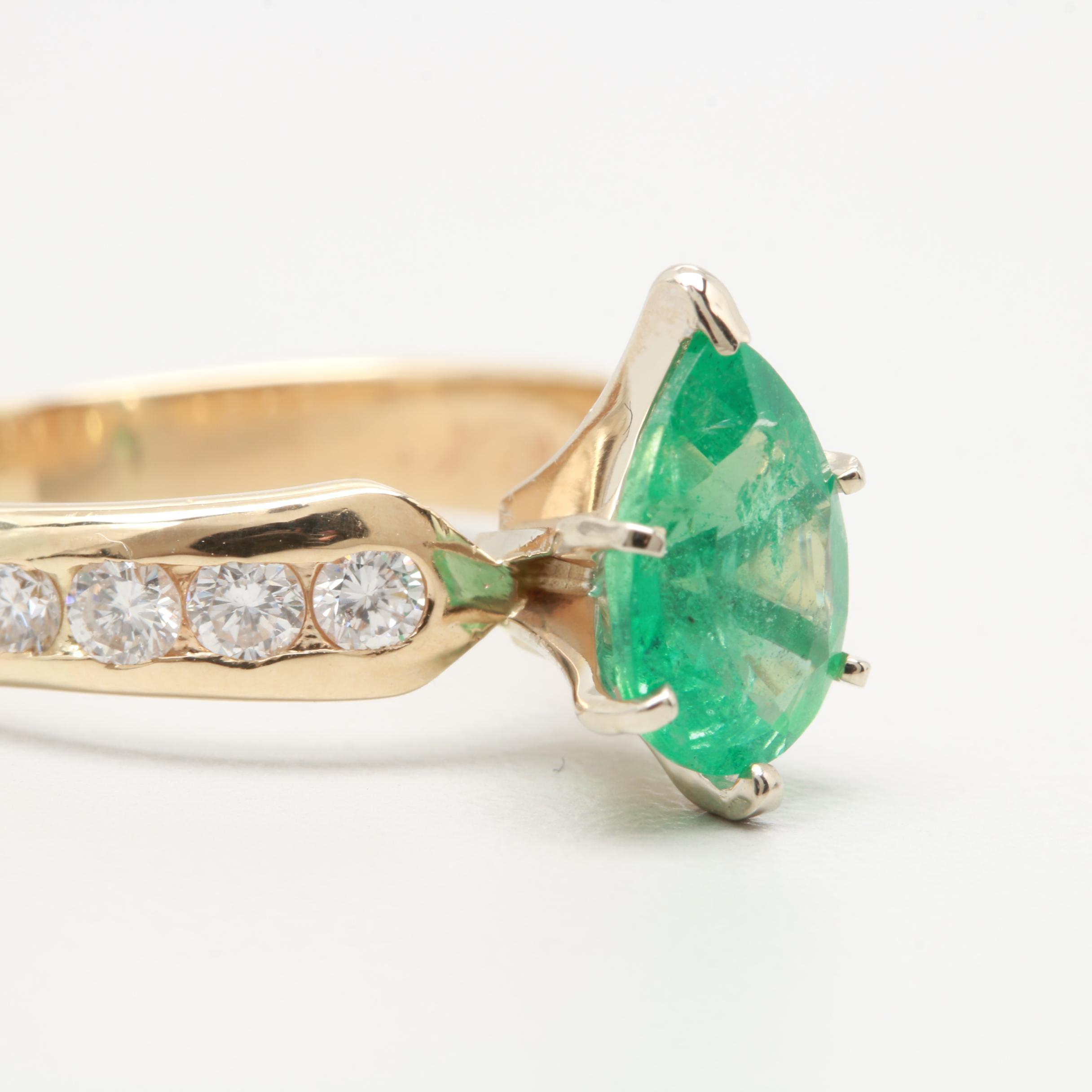 14K Yellow Gold Emerald and Diamond Ring