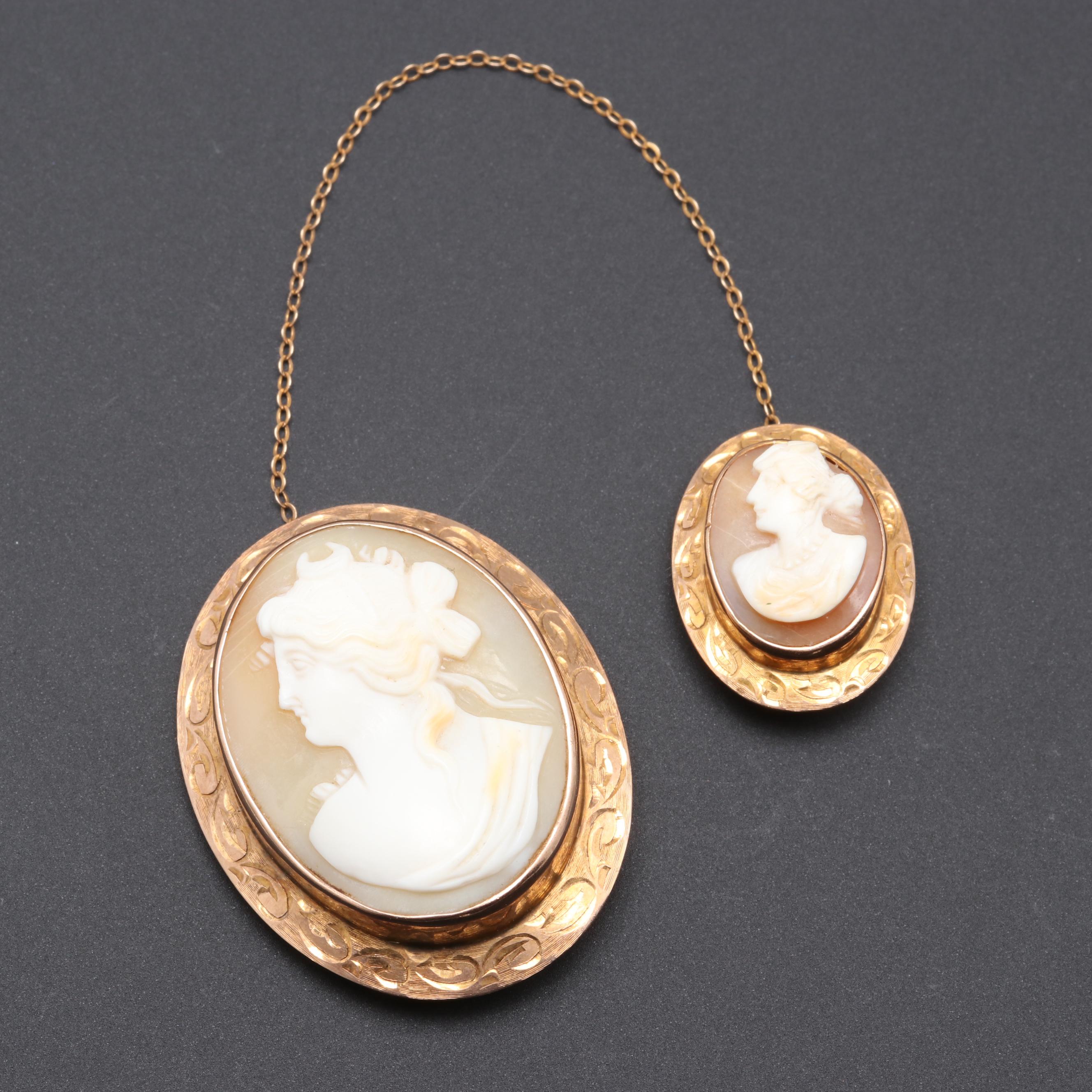 9K and 10K Yellow Gold Helmet Shell Cameo Brooches Featuring the Goddess Diana