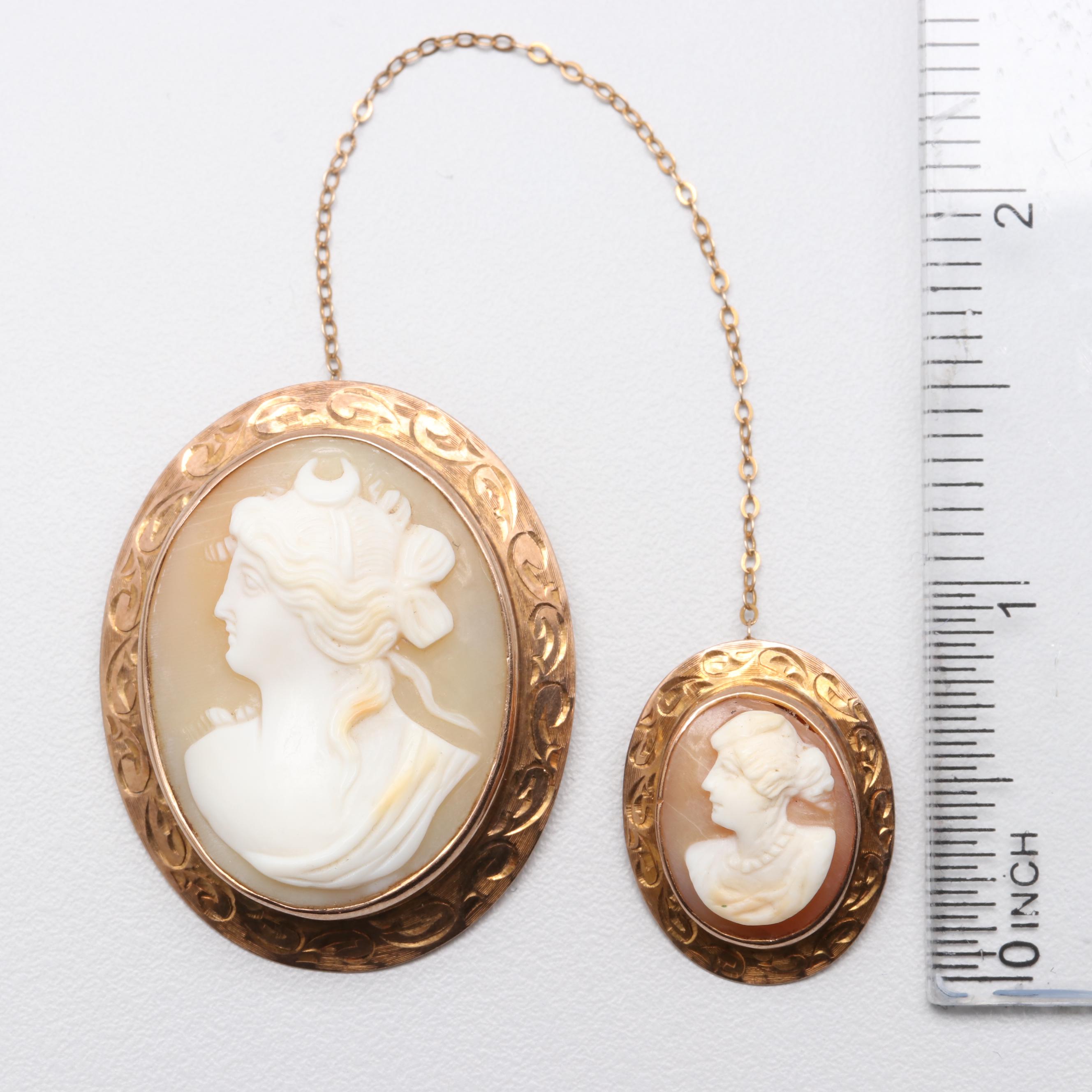 9K and 10K Yellow Gold Helmet Shell Cameo Brooches Featuring the Goddess Diana