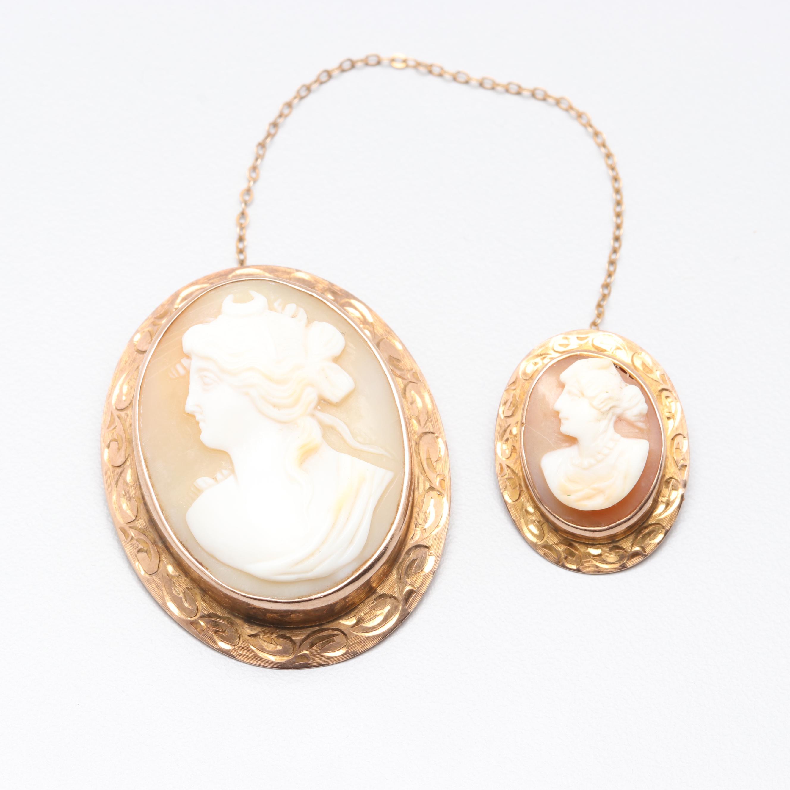 9K and 10K Yellow Gold Helmet Shell Cameo Brooches Featuring the Goddess Diana