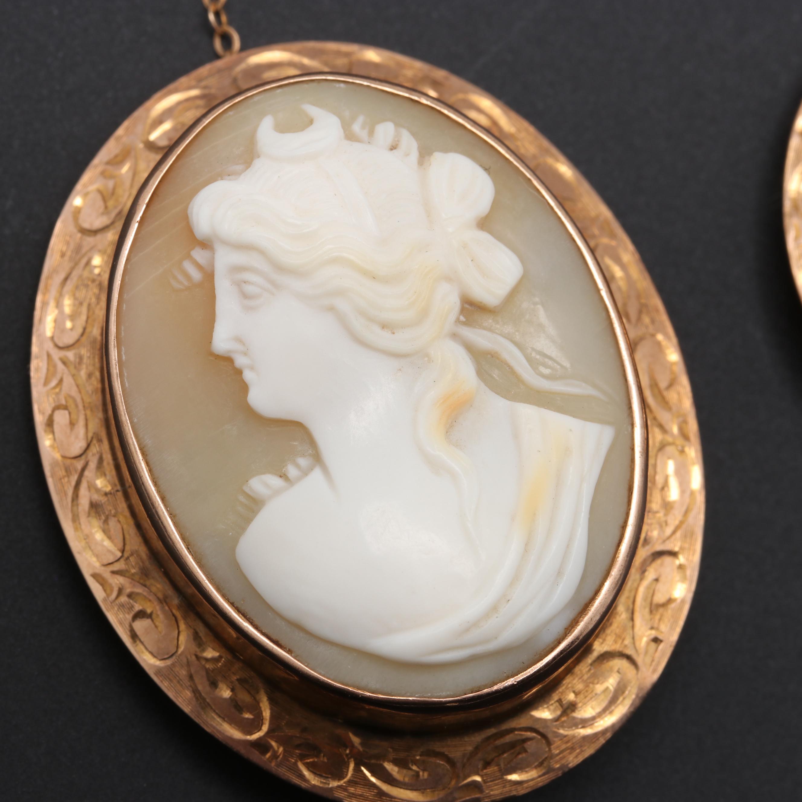 9K and 10K Yellow Gold Helmet Shell Cameo Brooches Featuring the Goddess Diana