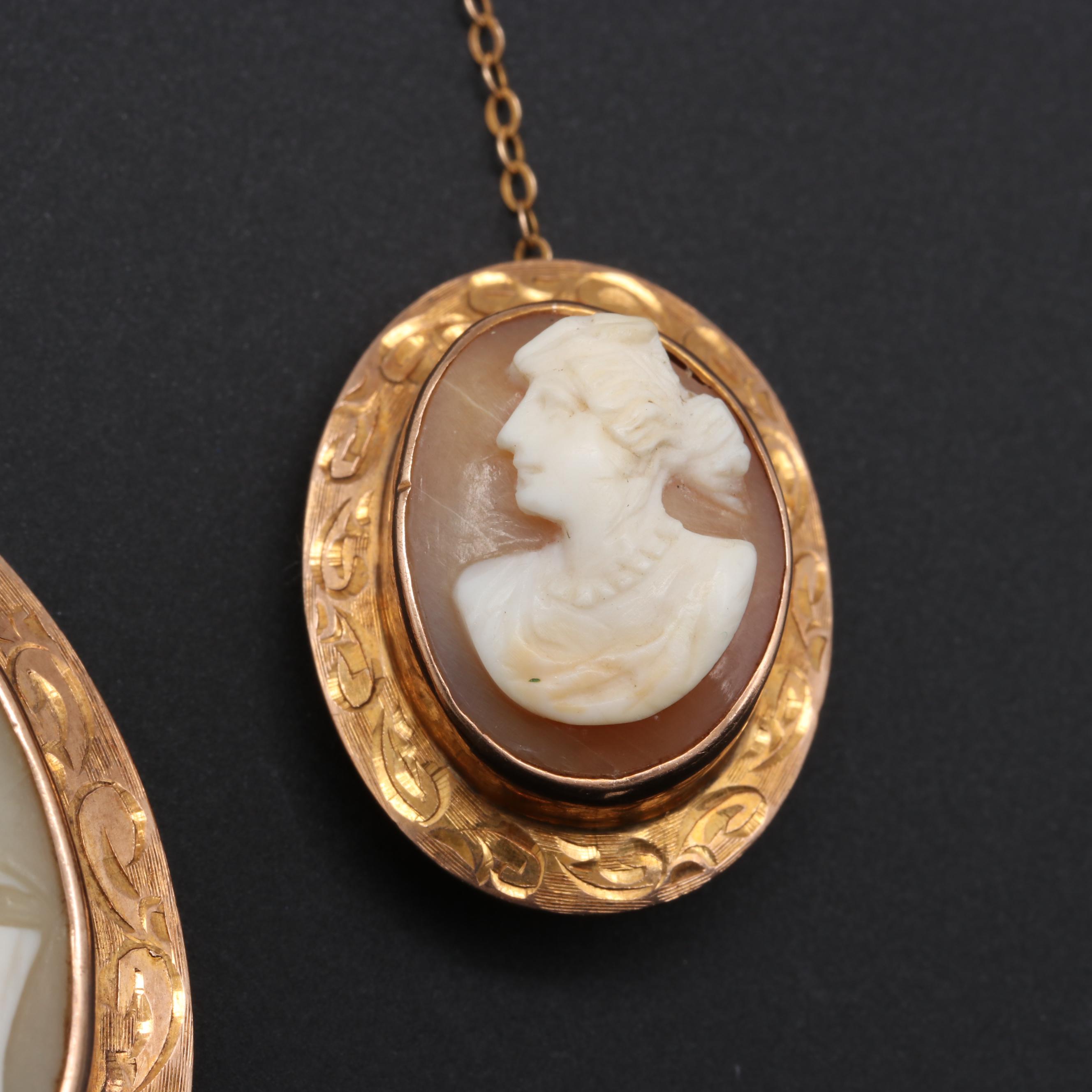 9K and 10K Yellow Gold Helmet Shell Cameo Brooches Featuring the Goddess Diana