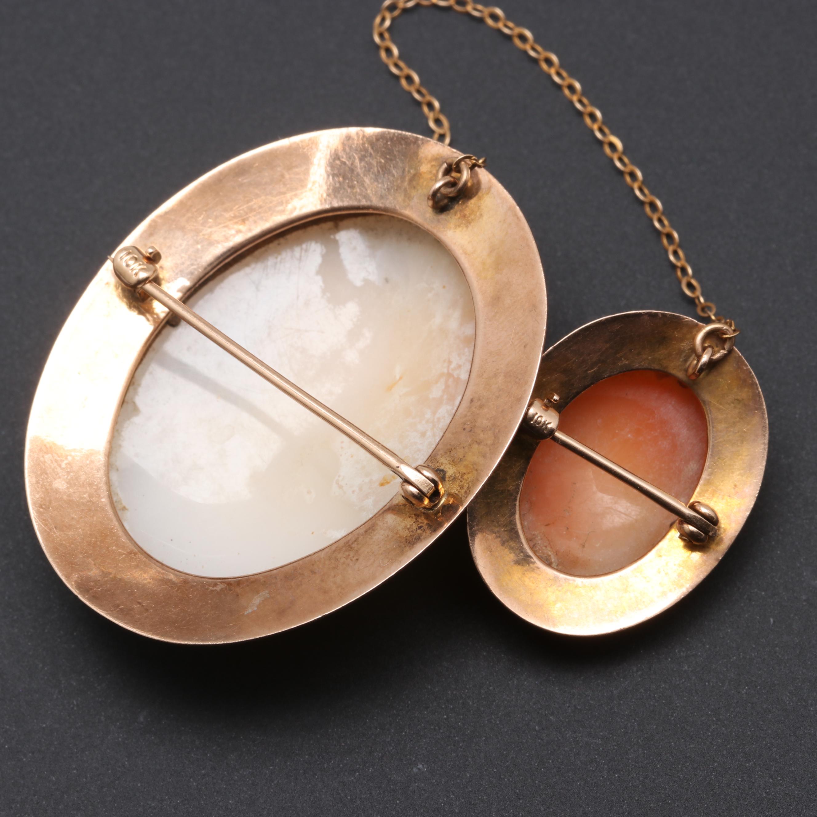 9K and 10K Yellow Gold Helmet Shell Cameo Brooches Featuring the Goddess Diana