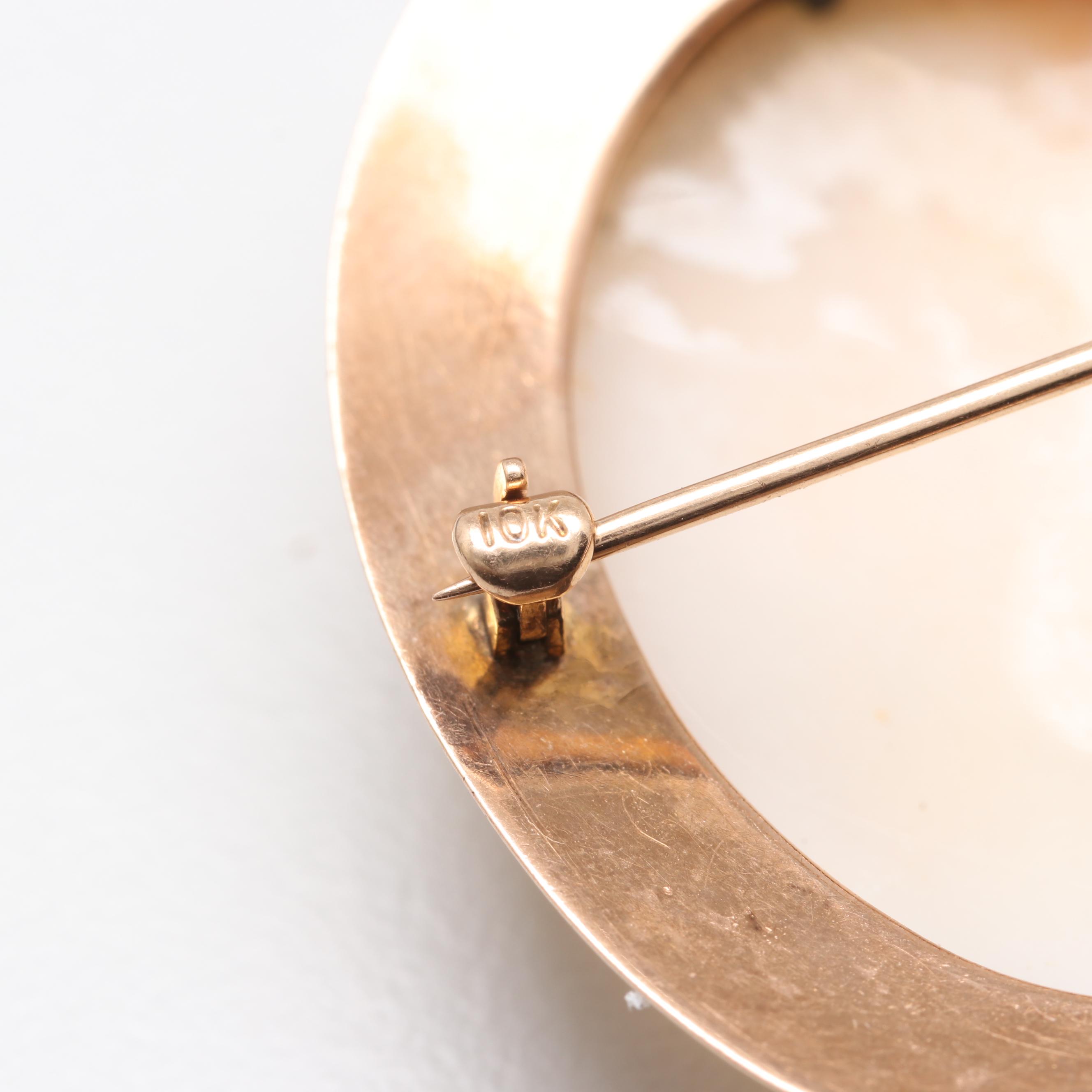 9K and 10K Yellow Gold Helmet Shell Cameo Brooches Featuring the Goddess Diana