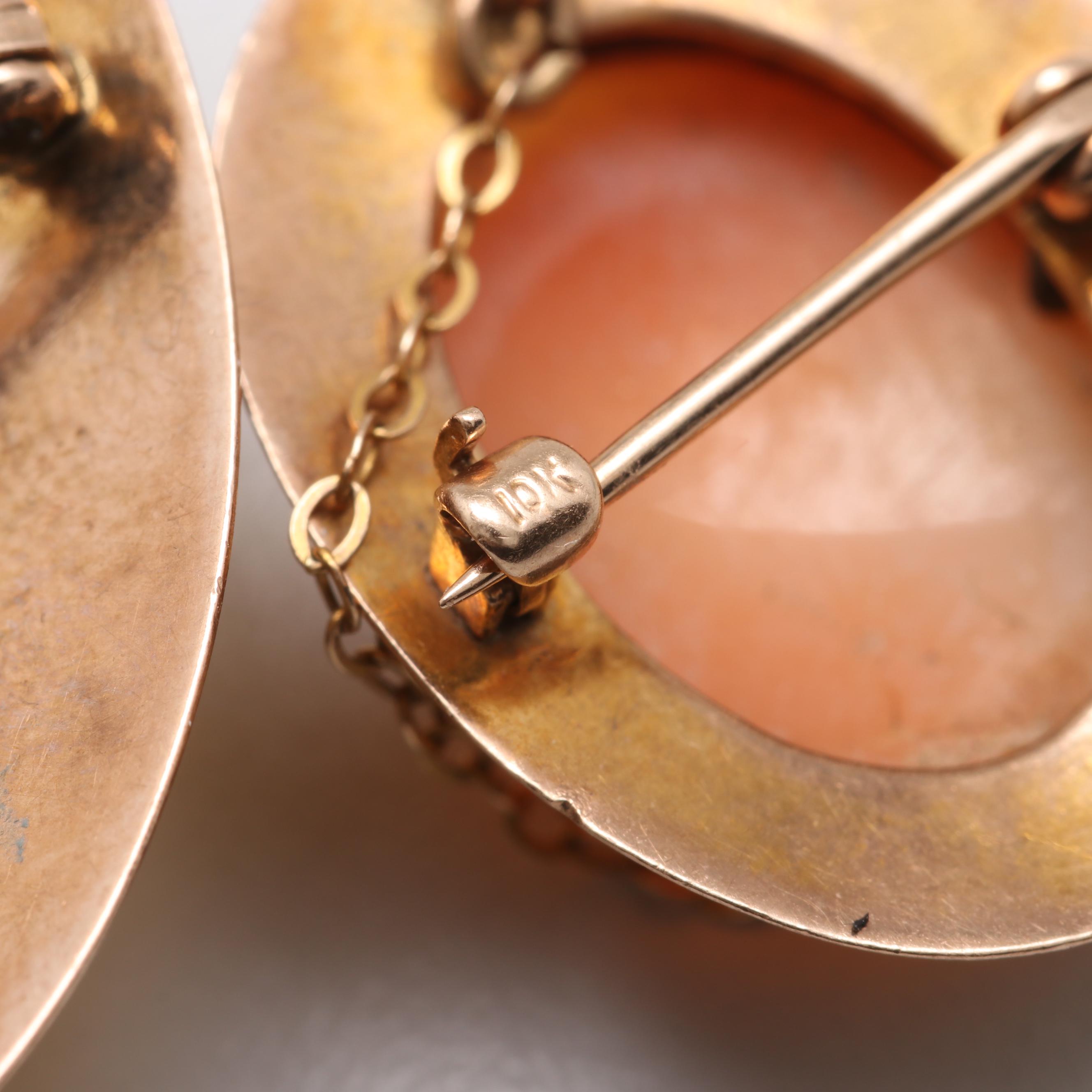 9K and 10K Yellow Gold Helmet Shell Cameo Brooches Featuring the Goddess Diana