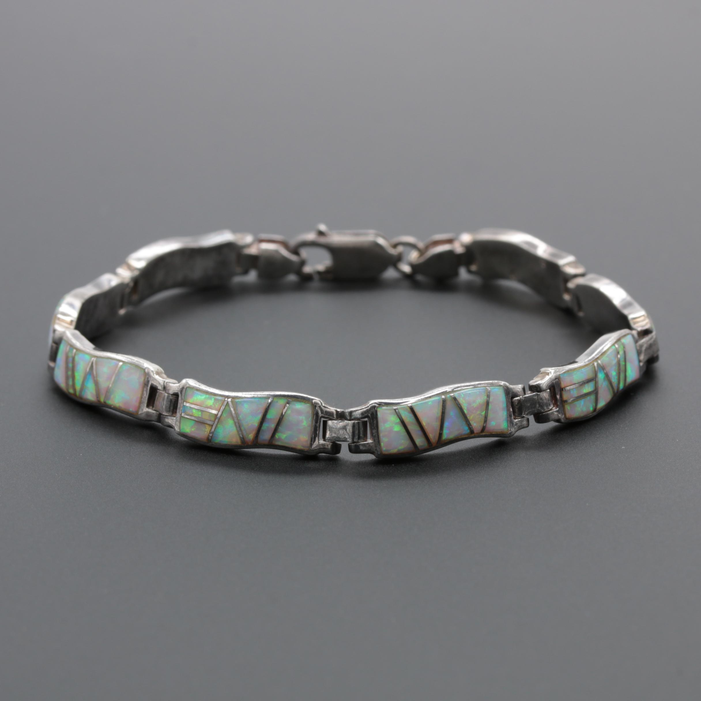 Sterling Silver Synthetic Opal Link Bracelet