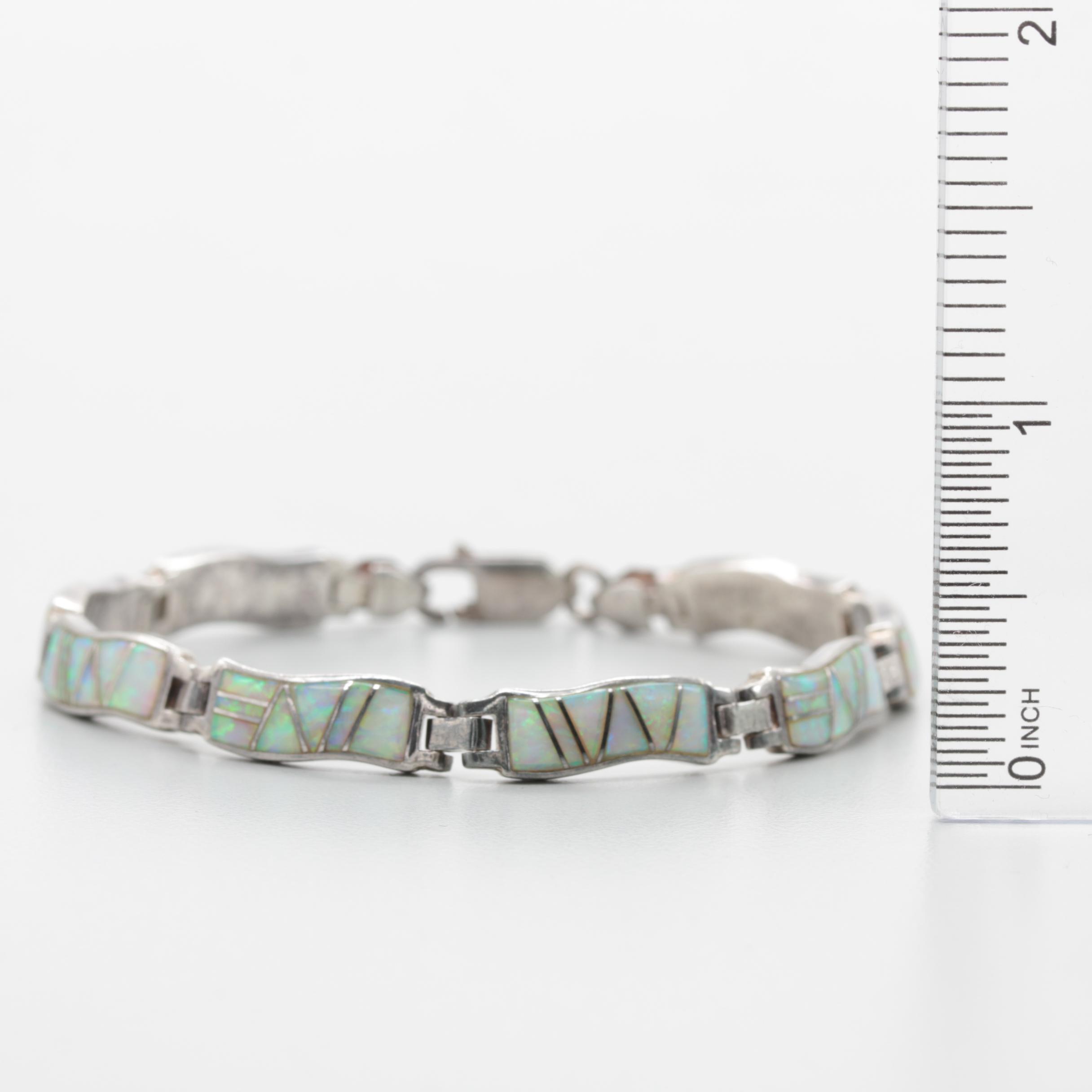 Sterling Silver Synthetic Opal Link Bracelet