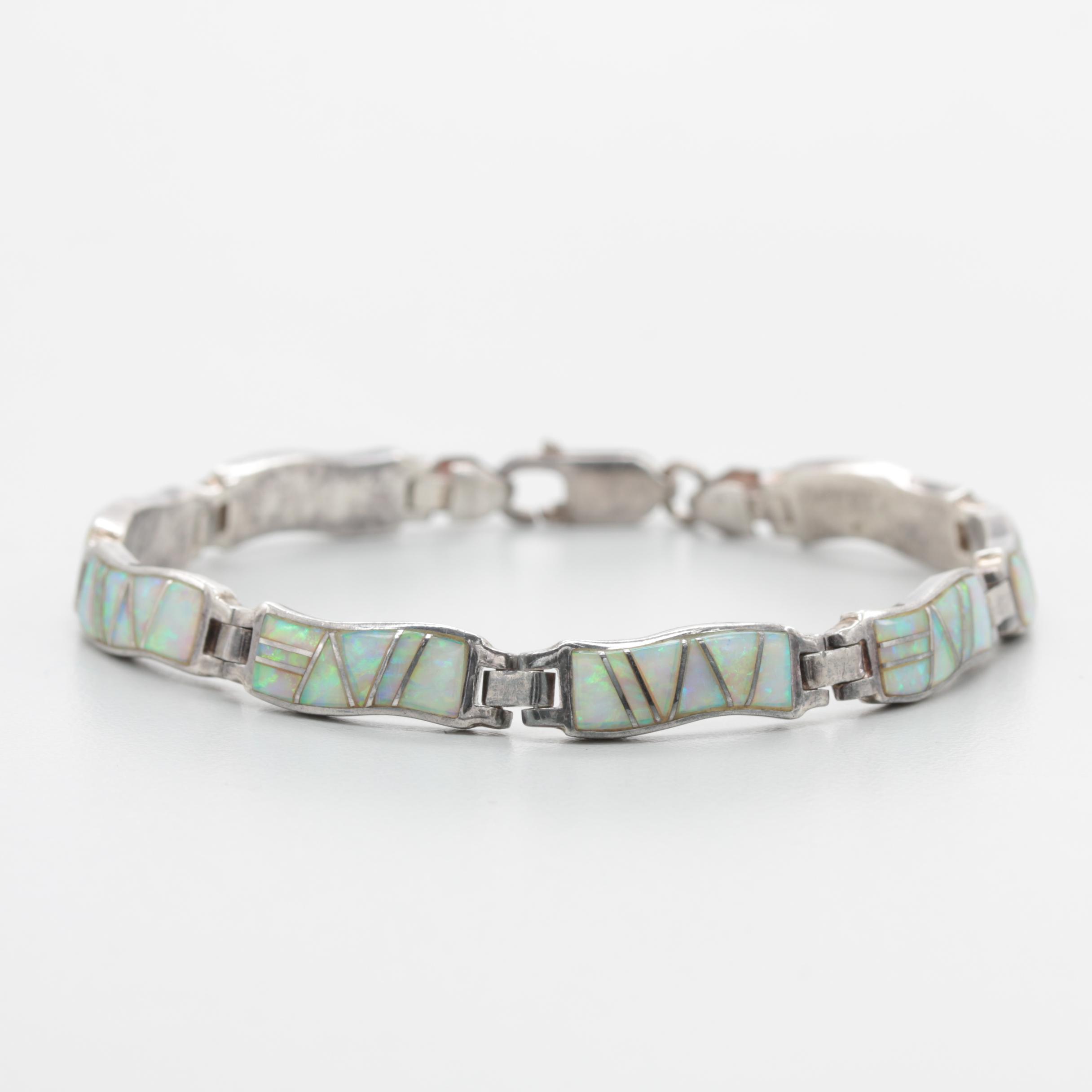 Sterling Silver Synthetic Opal Link Bracelet