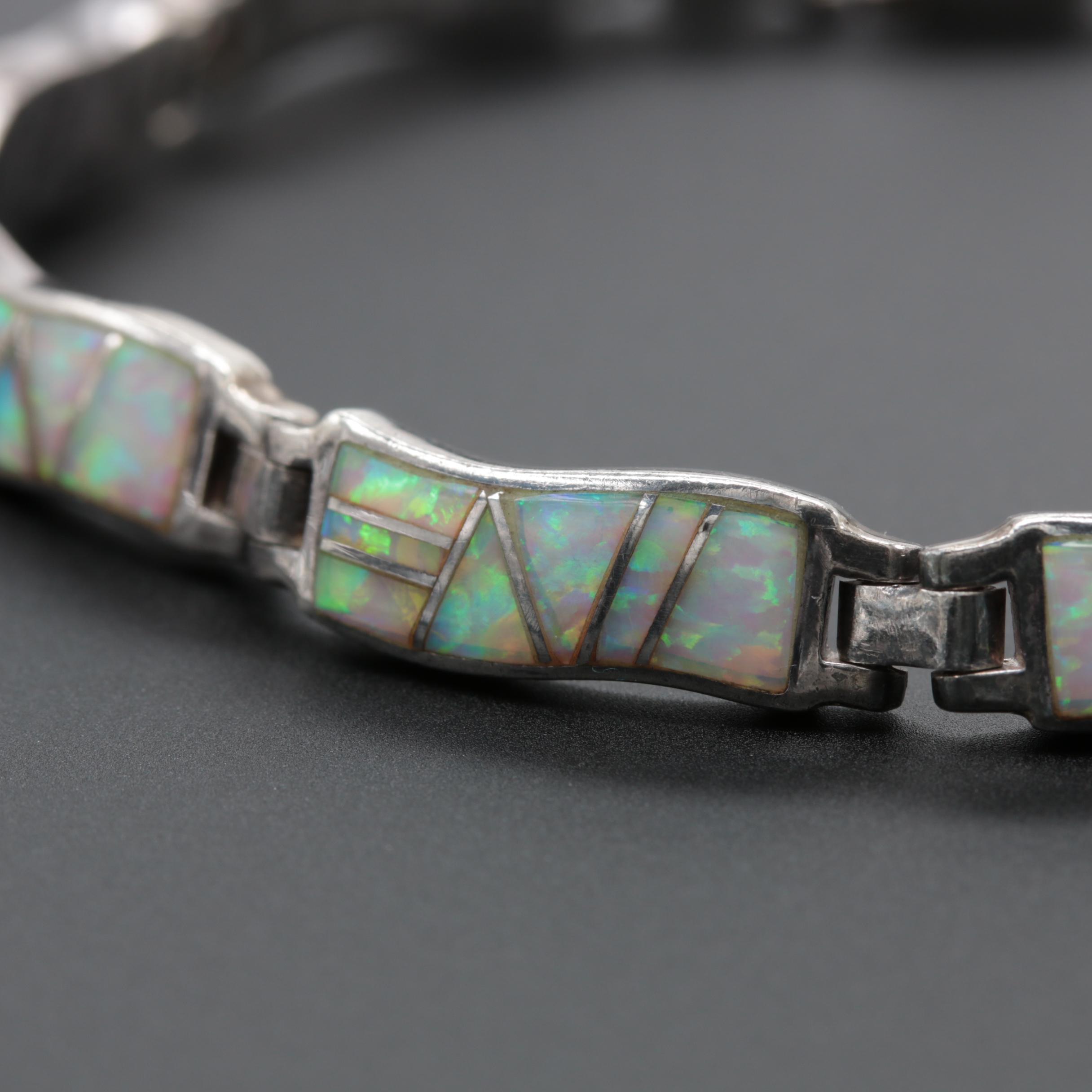 Sterling Silver Synthetic Opal Link Bracelet