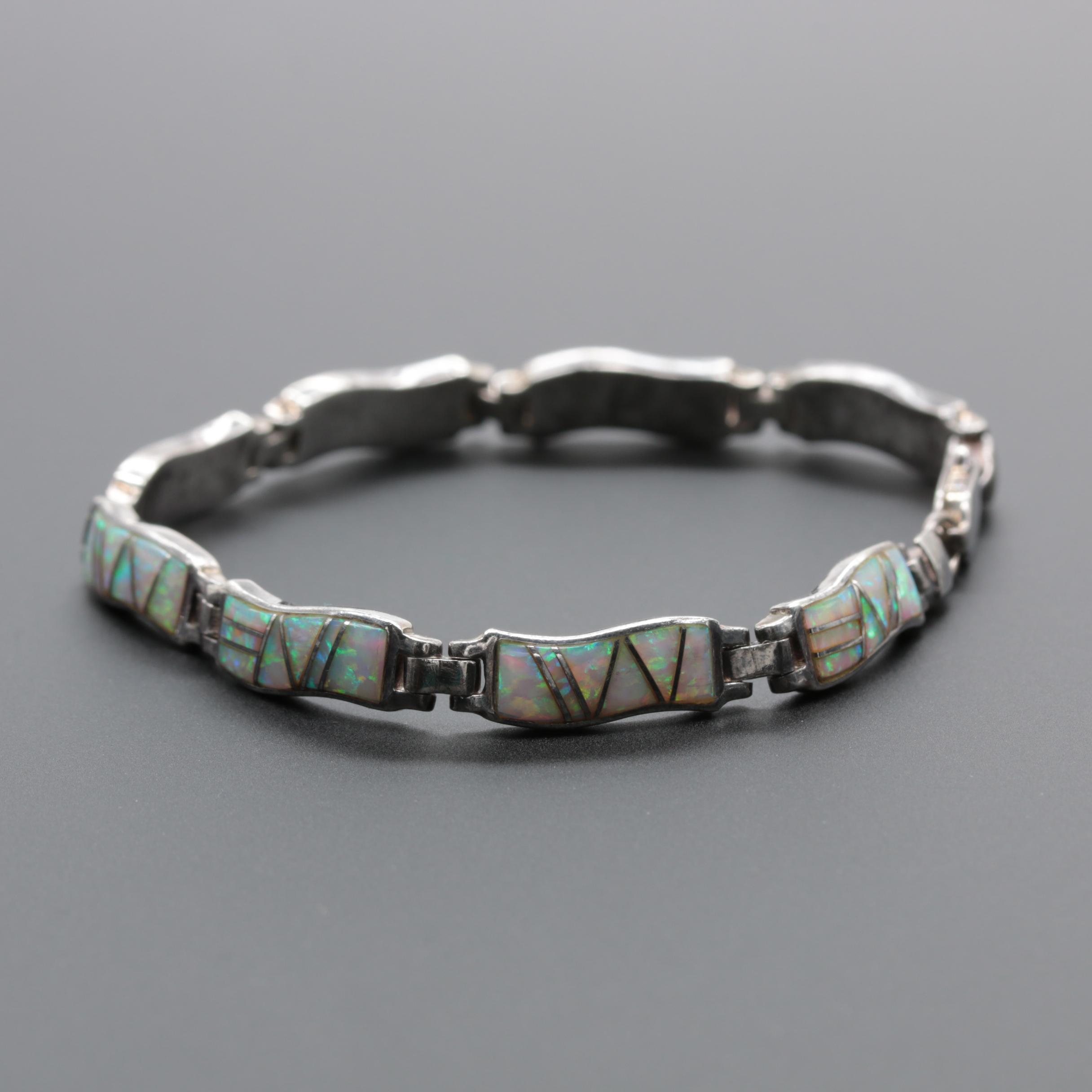 Sterling Silver Synthetic Opal Link Bracelet