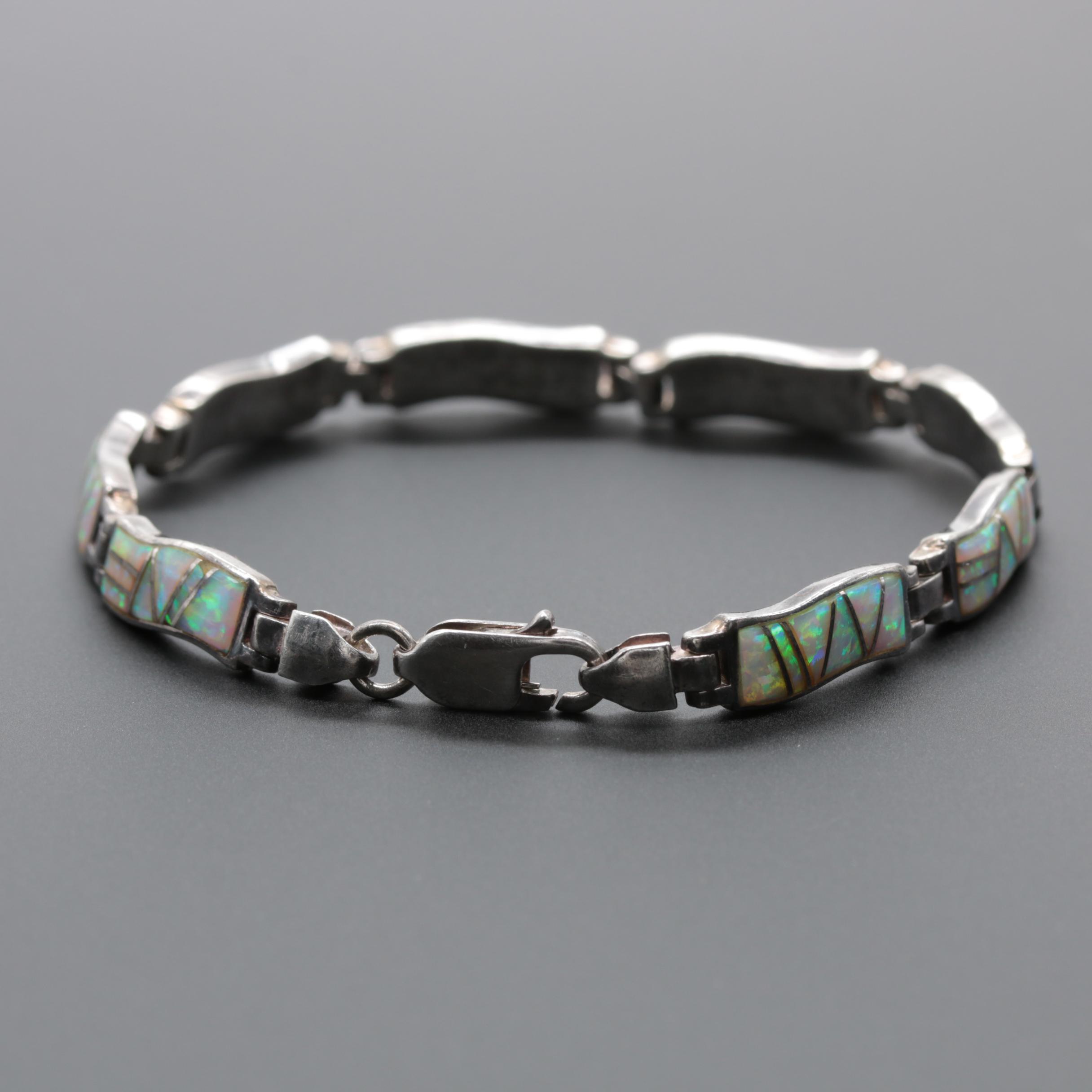 Sterling Silver Synthetic Opal Link Bracelet