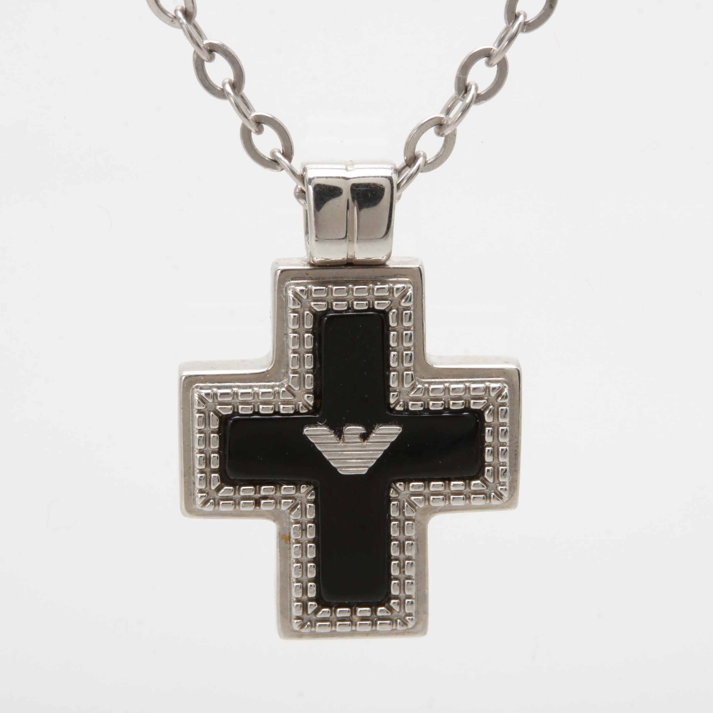 Emporio Armani Silver Tone Cable Chain Black Onyx Cross Pendant Necklace
