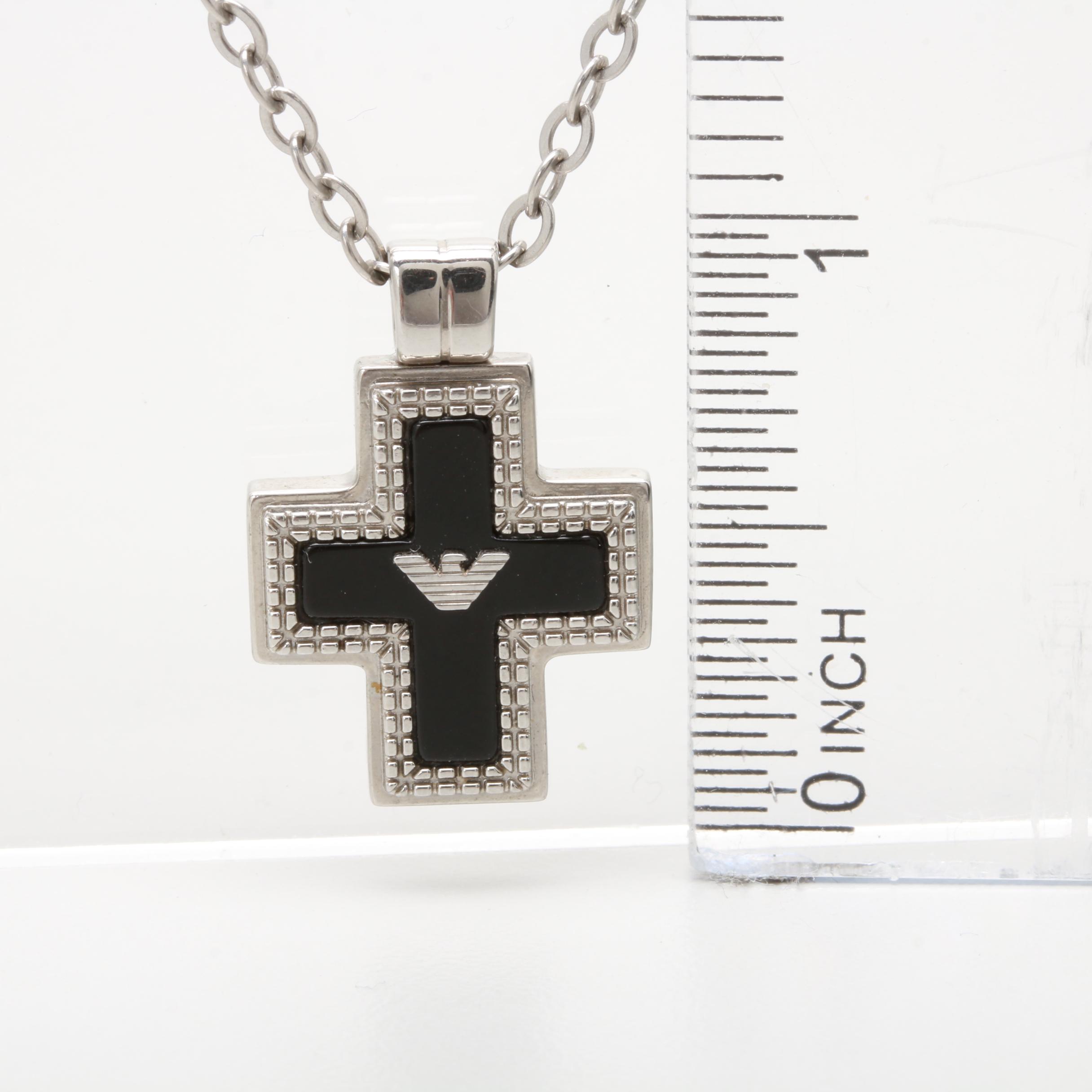 Emporio Armani Silver Tone Cable Chain Black Onyx Cross Pendant Necklace