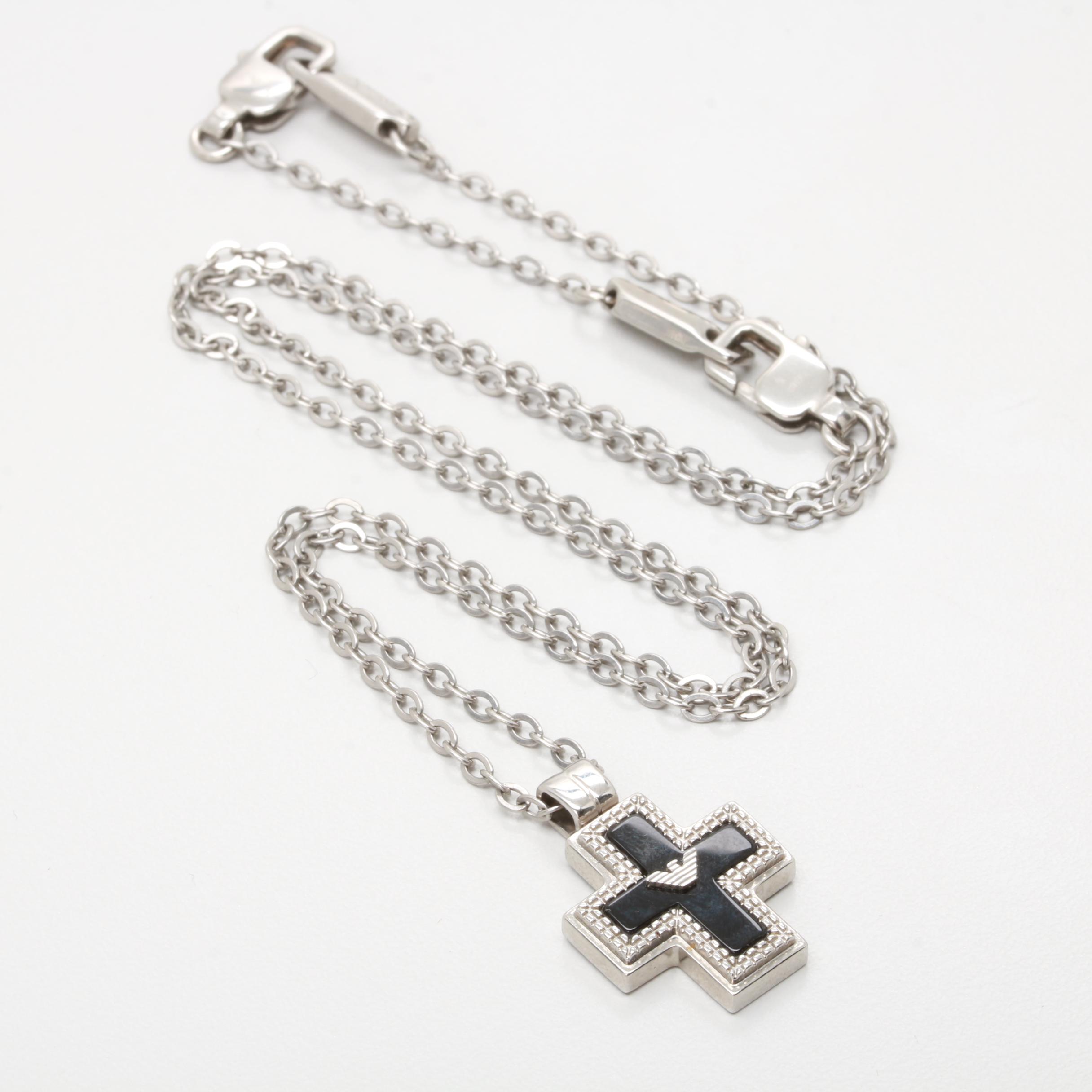 Emporio Armani Silver Tone Cable Chain Black Onyx Cross Pendant Necklace