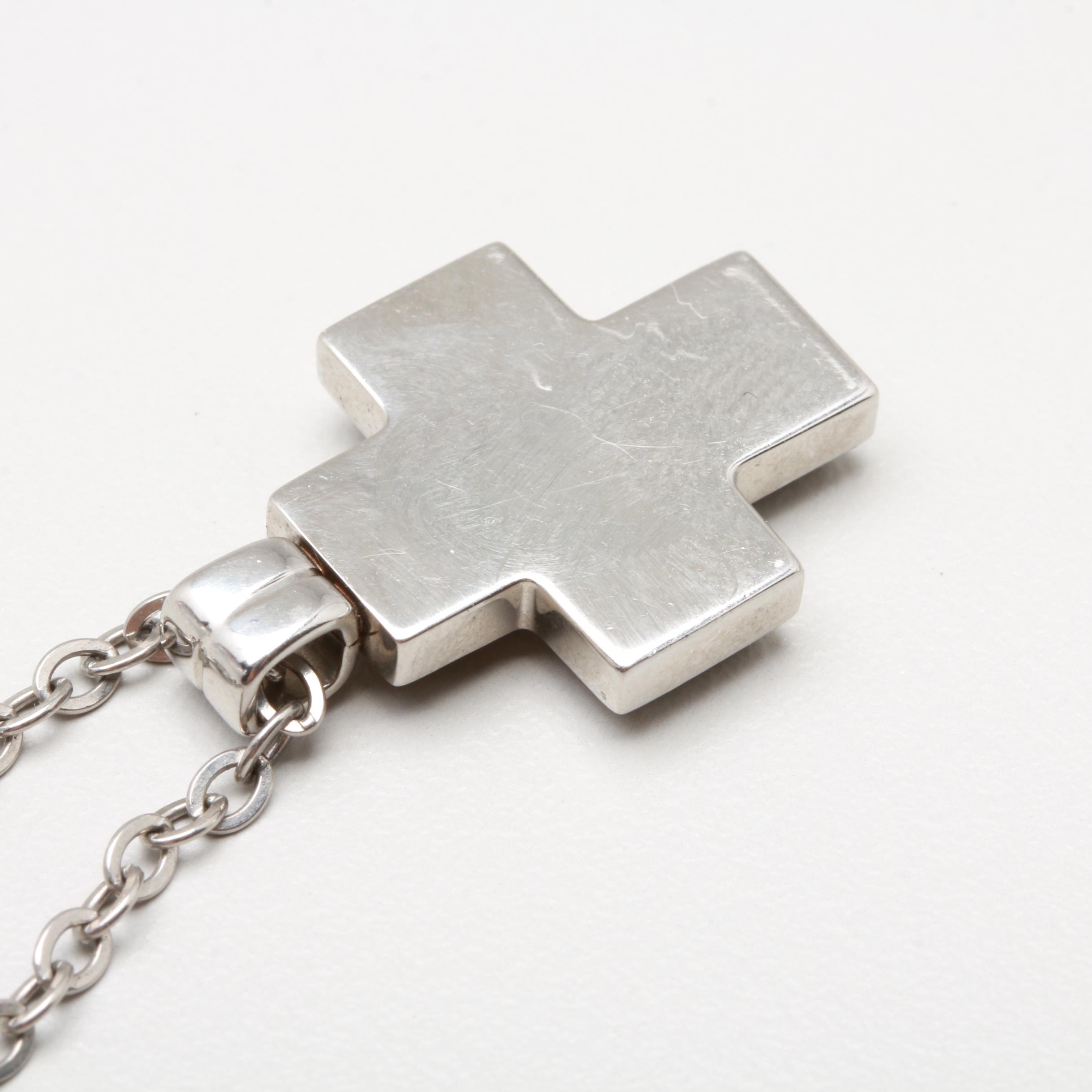 Emporio Armani Silver Tone Cable Chain Black Onyx Cross Pendant Necklace