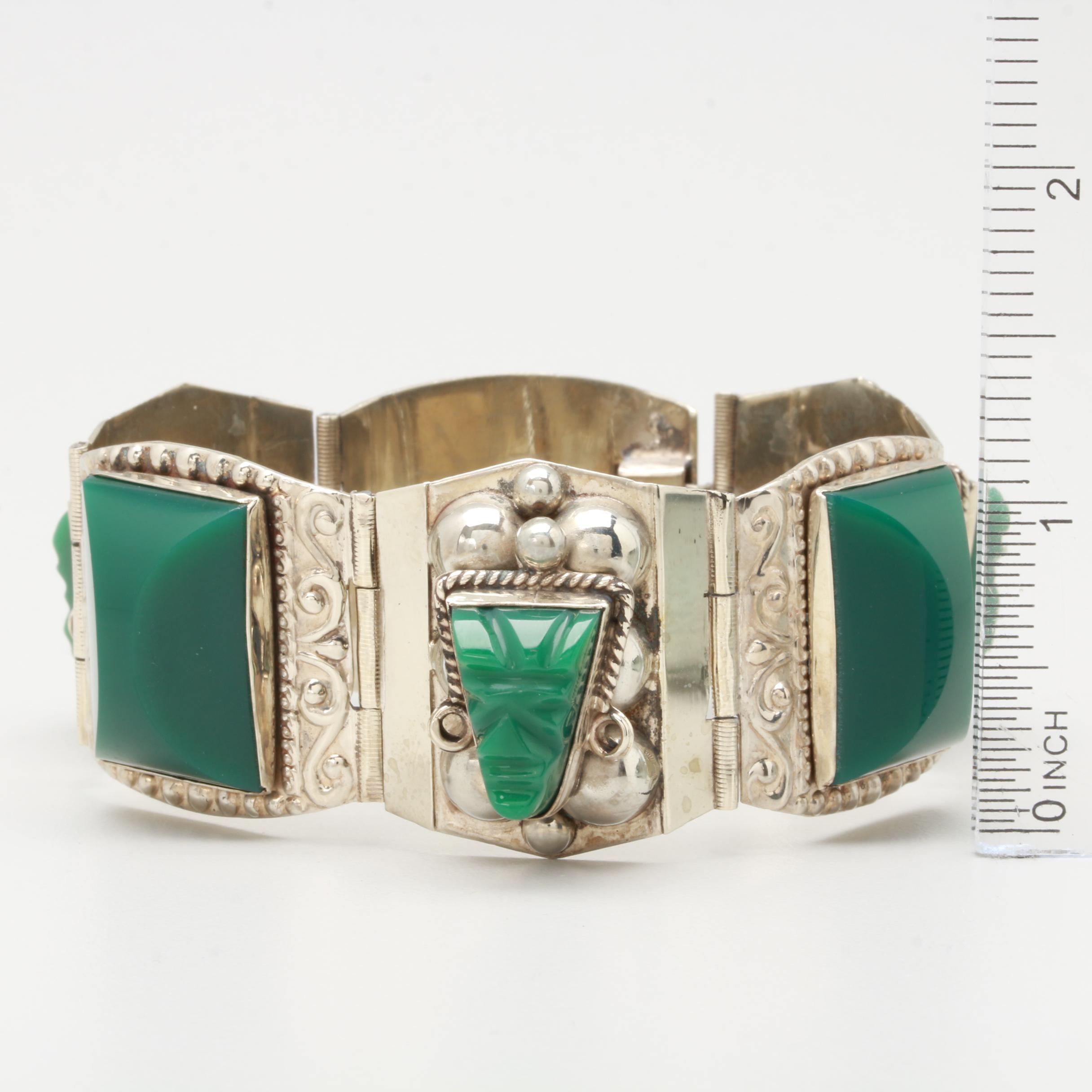 Taxco Sterling Silver Green Glass Panel Link Bracelet