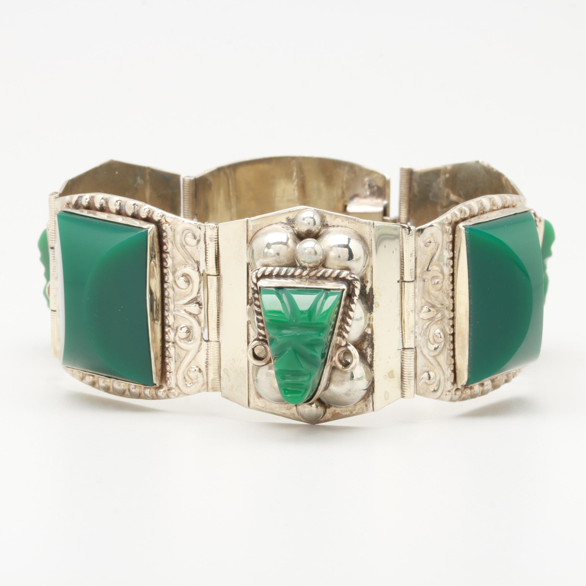 Taxco Sterling Silver Green Glass Panel Link Bracelet