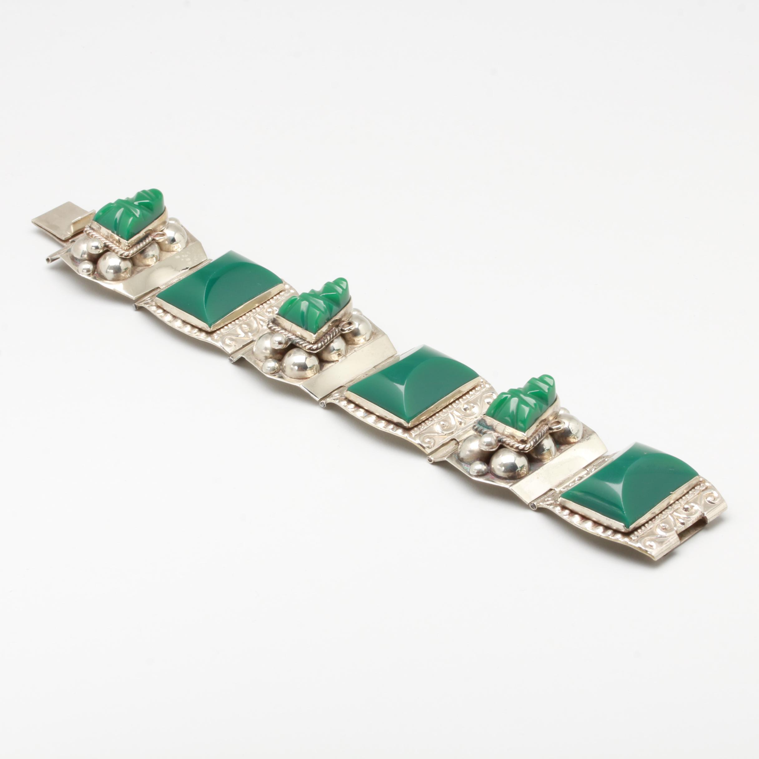 Taxco Sterling Silver Green Glass Panel Link Bracelet