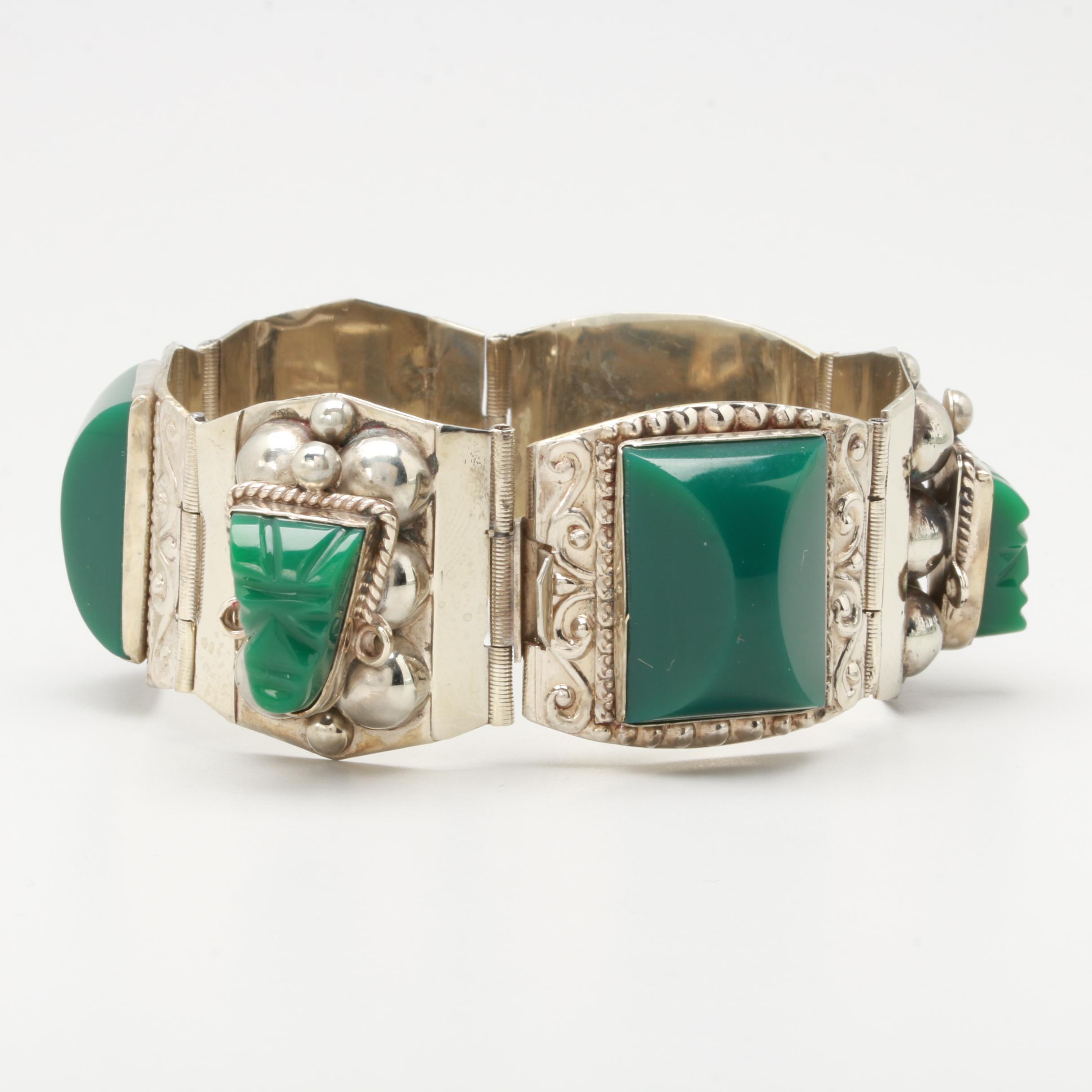 Taxco Sterling Silver Green Glass Panel Link Bracelet