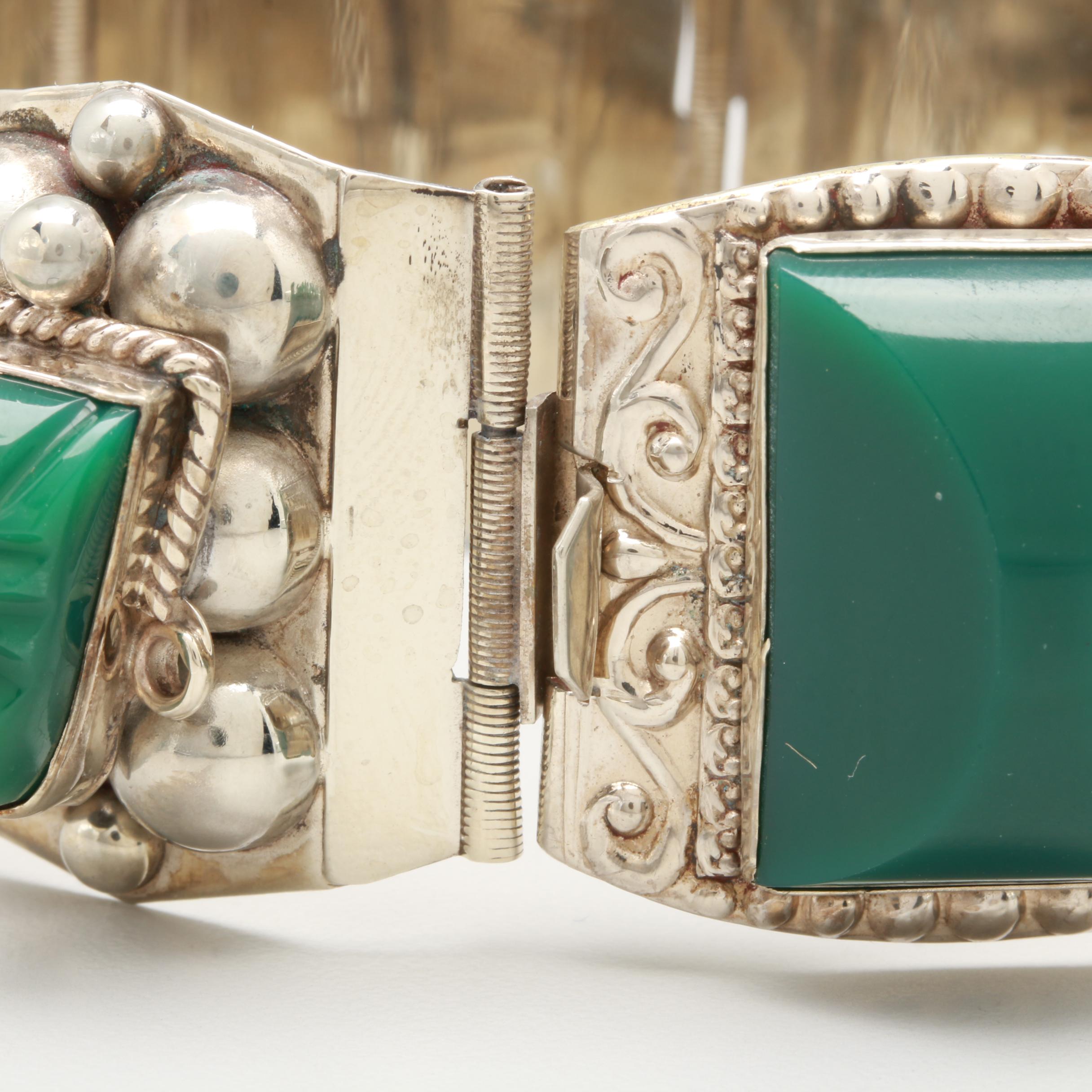 Taxco Sterling Silver Green Glass Panel Link Bracelet