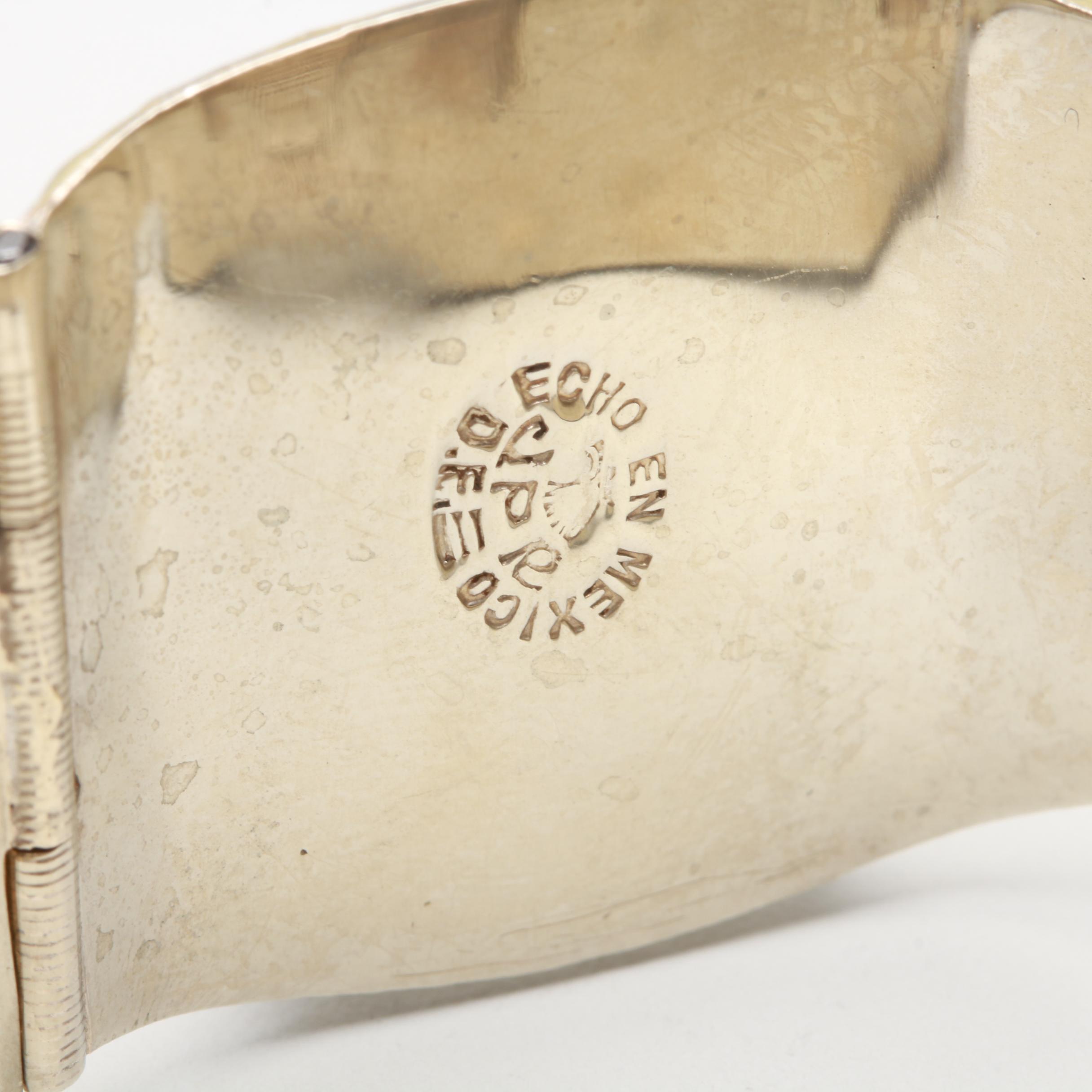 Taxco Sterling Silver Green Glass Panel Link Bracelet