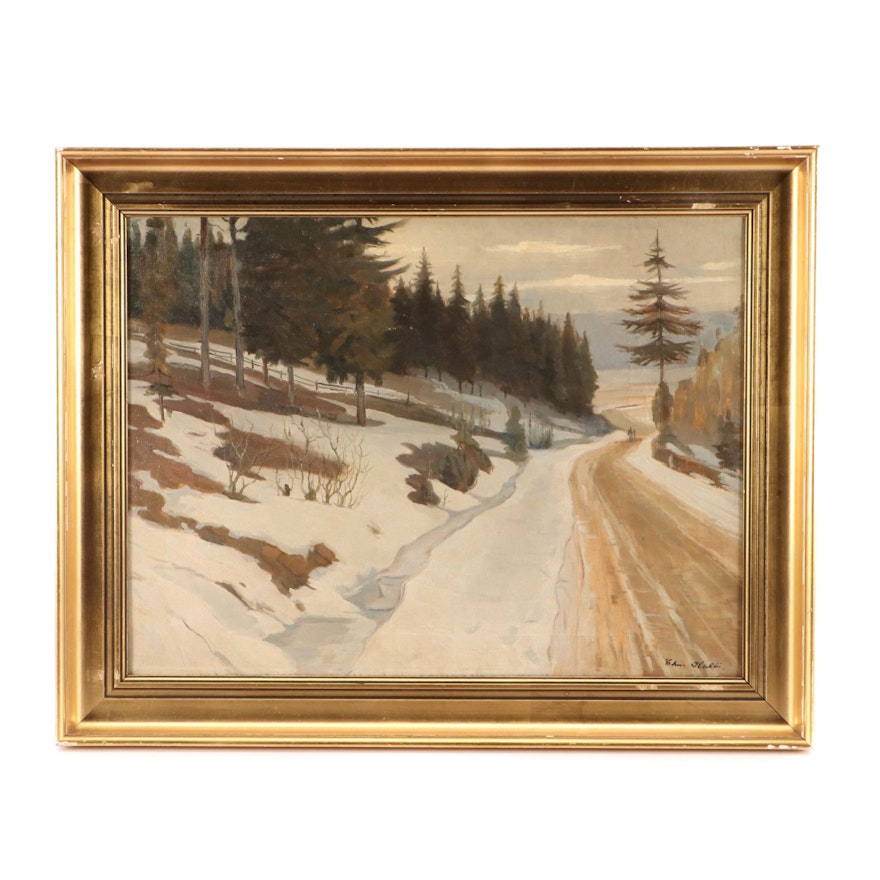 Mid-Century Oil Winter Landscape Painting