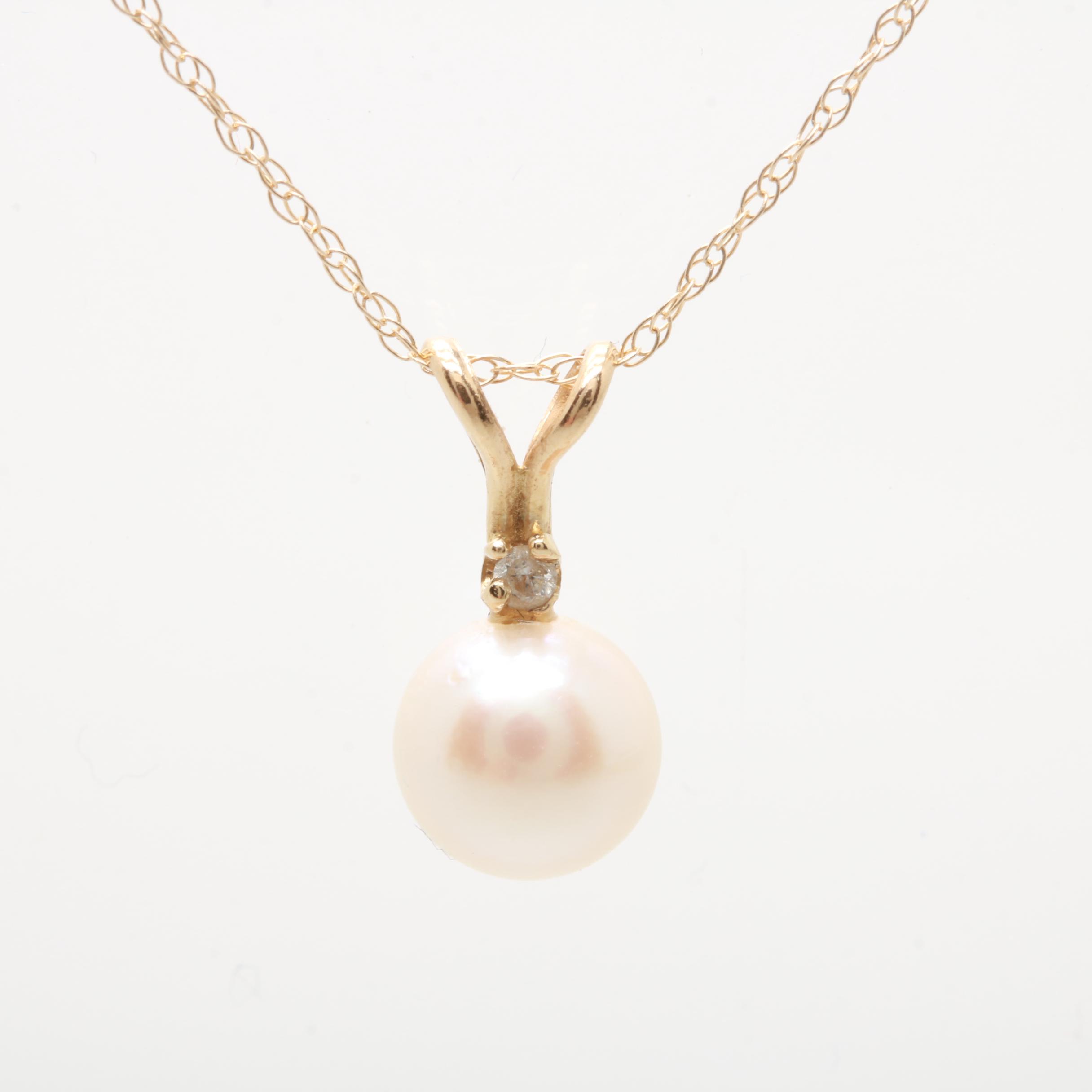 14K Yellow Gold Cultured Pearl and Diamond Necklace