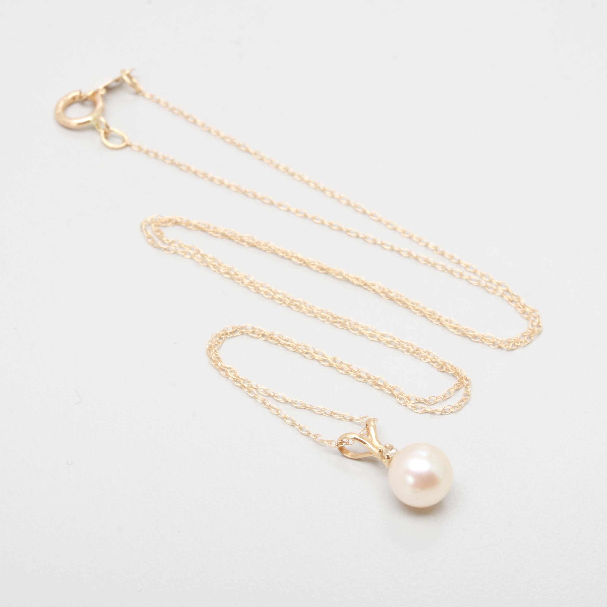 14K Yellow Gold Cultured Pearl and Diamond Necklace